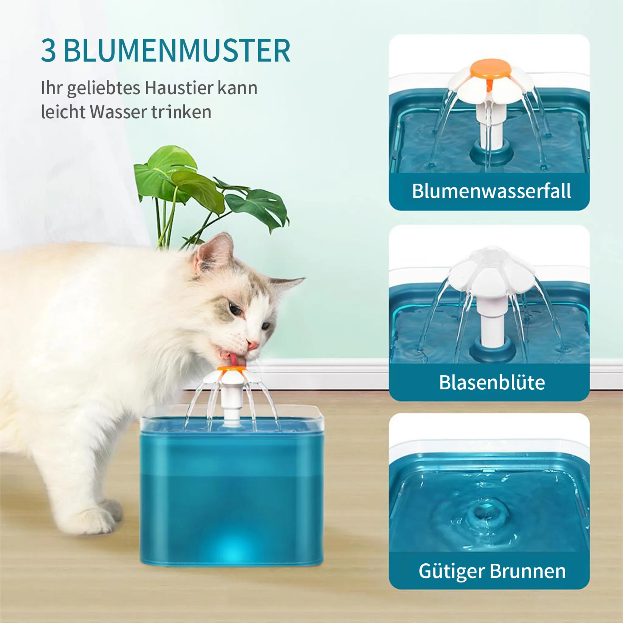 Eine weiße Katze trinkt Wasser aus einem blauen Haustierbrunnen. Das Bild zeigt die Merkmale und Optionen.