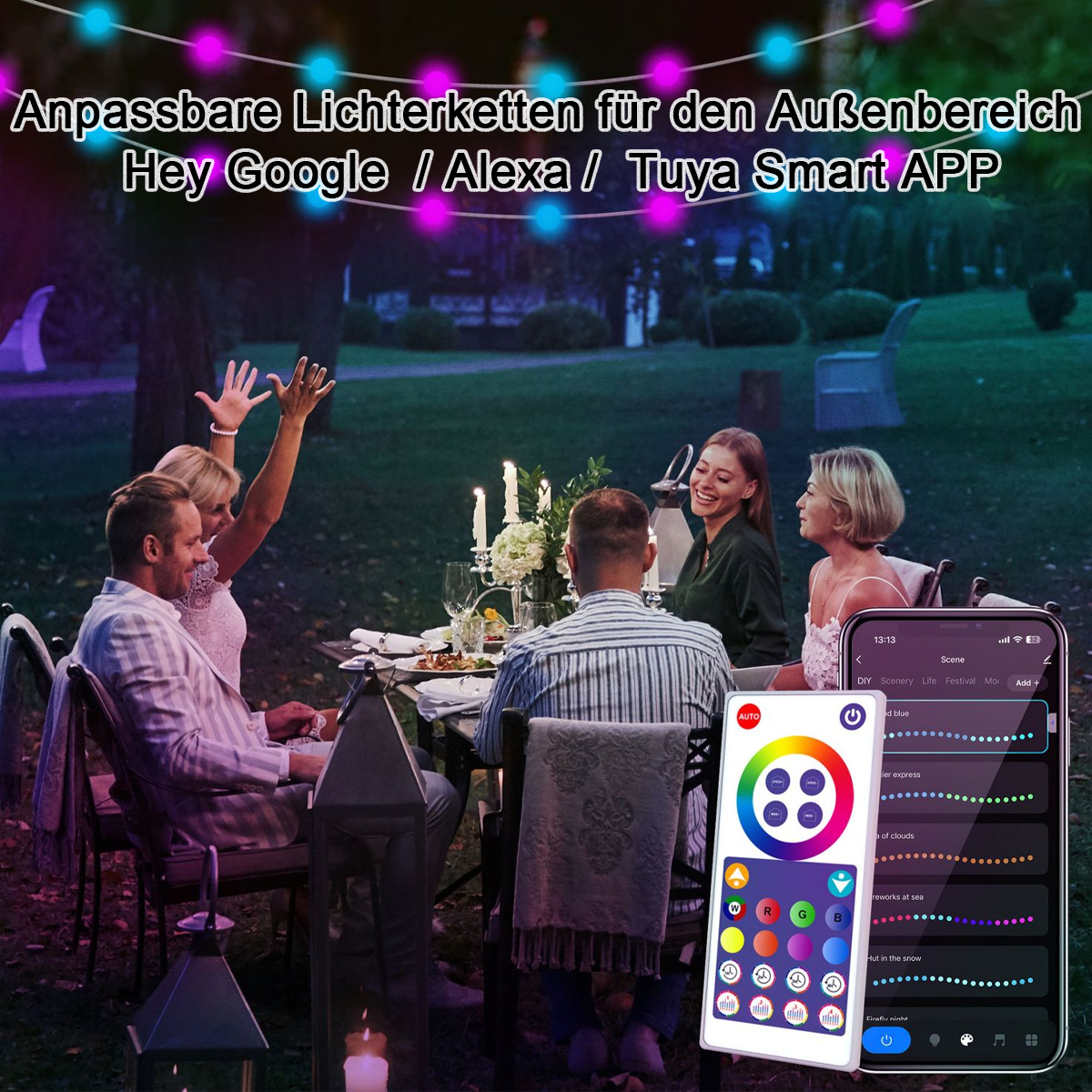 Menschen dinieren im Freien, beleuchtet von Lichterketten. Fernbedienung und Telefon zeigen Lichtsteuerungen. Die Szene hat Kerzen und ist in einem Garten.