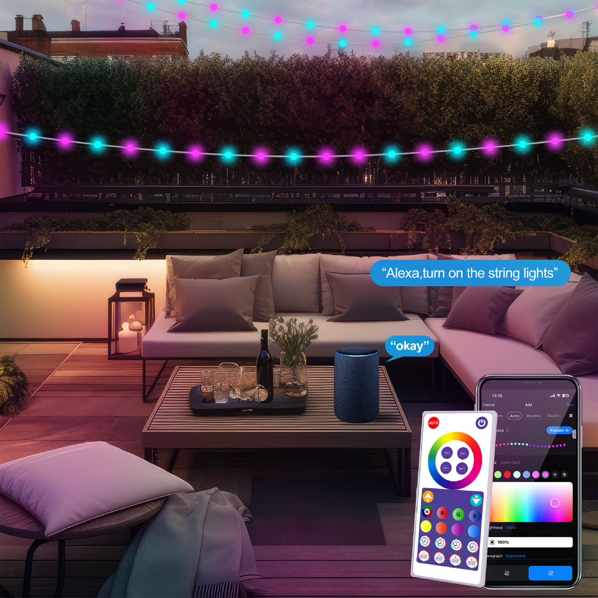 Szene auf dem Dach mit Lichterketten, Sofa, Tisch und Smart-Home-Geräten. Telefon und Fernbedienung für Lichteinstellungen.
