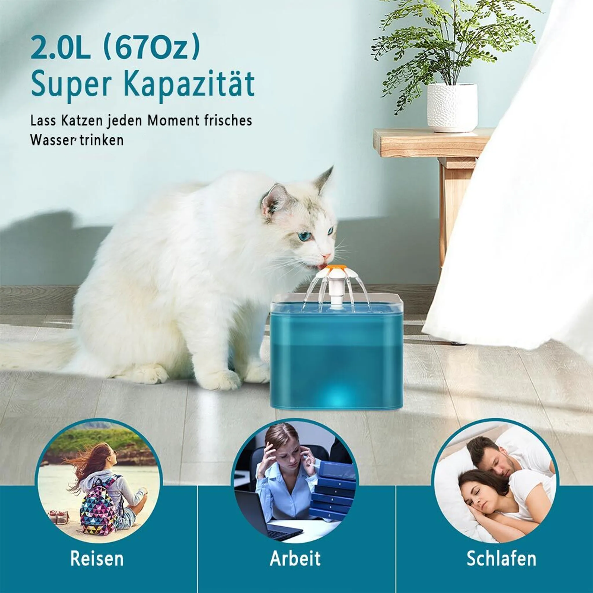 Eine weiße Katze trinkt aus einem blauen Wasserbrunnen. Text oben lautet 2.0L (67Oz) Super Kapazität.