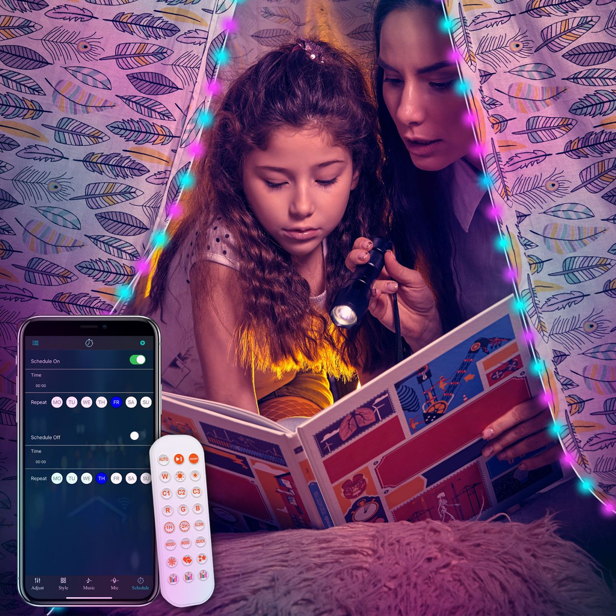 Ein Mädchen und eine Frau lesen in einem Zelt, das von Lichterketten und einer Taschenlampe beleuchtet wird. Ein Telefon und eine Fernbedienung sind im Vordergrund.