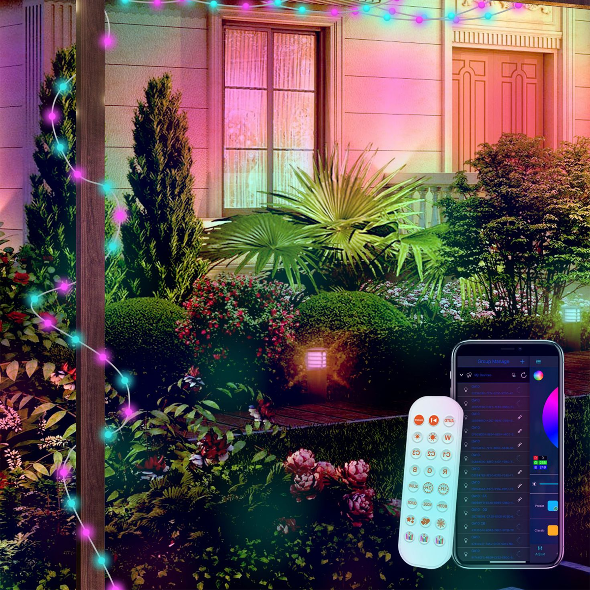 Eine Hausfassade mit Garten, geschmückt mit bunten Lichtern. Fernbedienung und Telefon zeigen die Lichtsteuerung. Verschiedene Pflanzen und Blumen sind sichtbar.