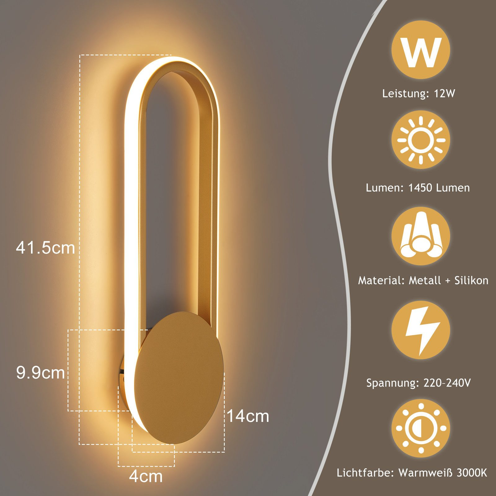 Eine moderne Wandleuchte mit goldenem Rahmen und rundem Sockel wird beleuchtet und zeigt ihre Abmessungen und technischen Daten.