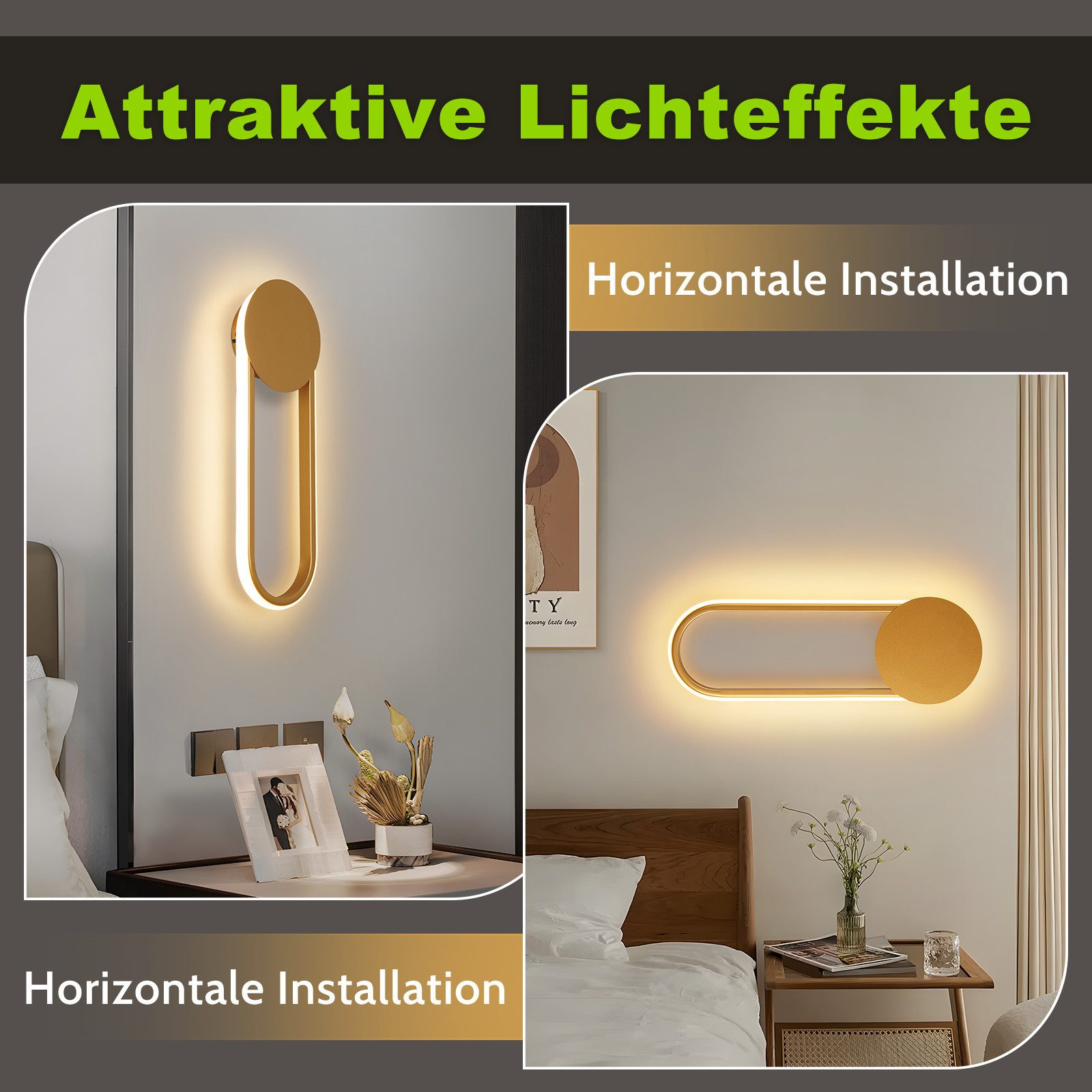 Zwei Wandleuchten mit warmem Licht, ein Bett und ein Nachttisch. Ein Licht ist oval, das andere vertikal.