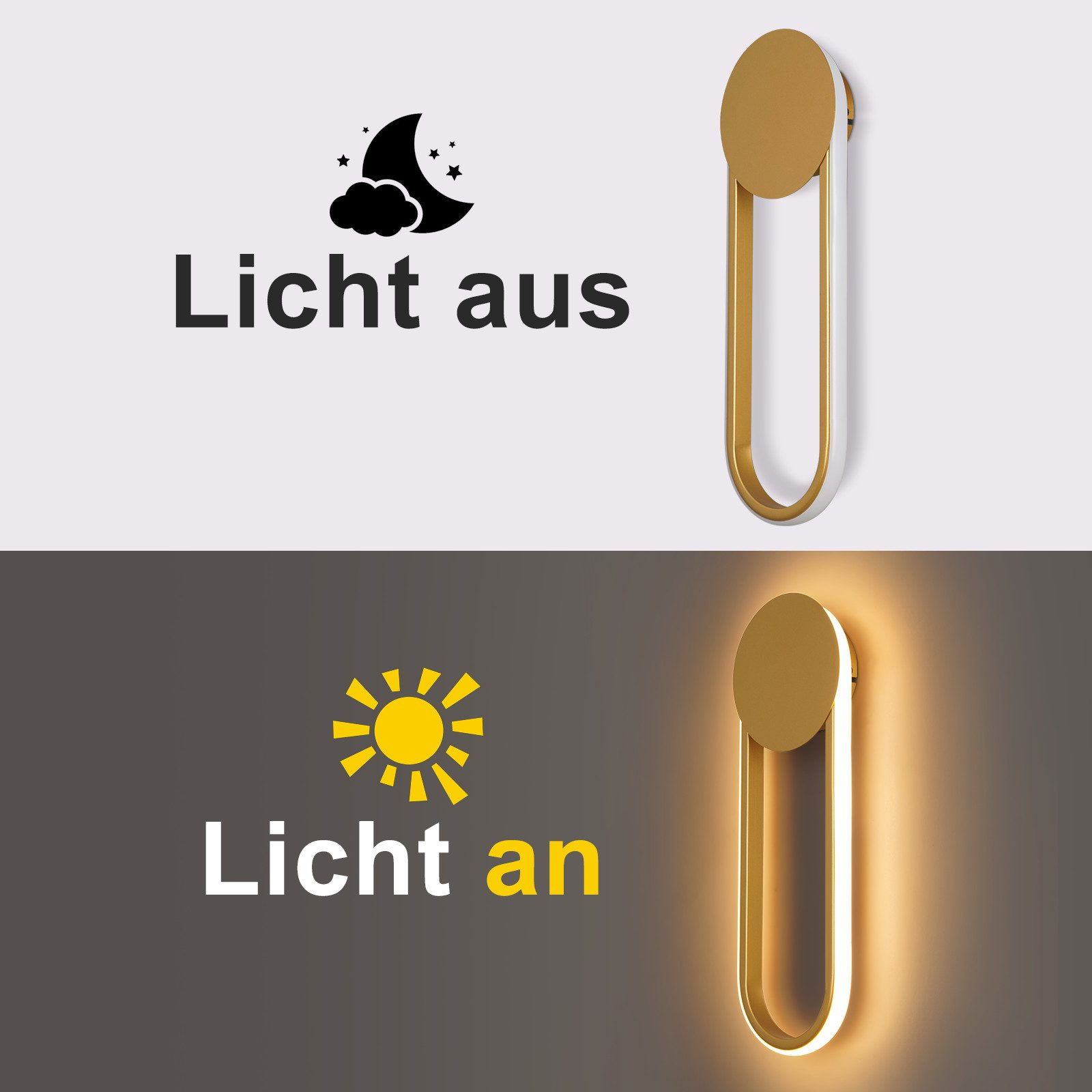 Das Bild zeigt eine Lampe mit goldenem Rand. Der Text lautet 'Licht aus' und 'Licht an' mit entsprechenden Symbolen für Nacht und Tag.