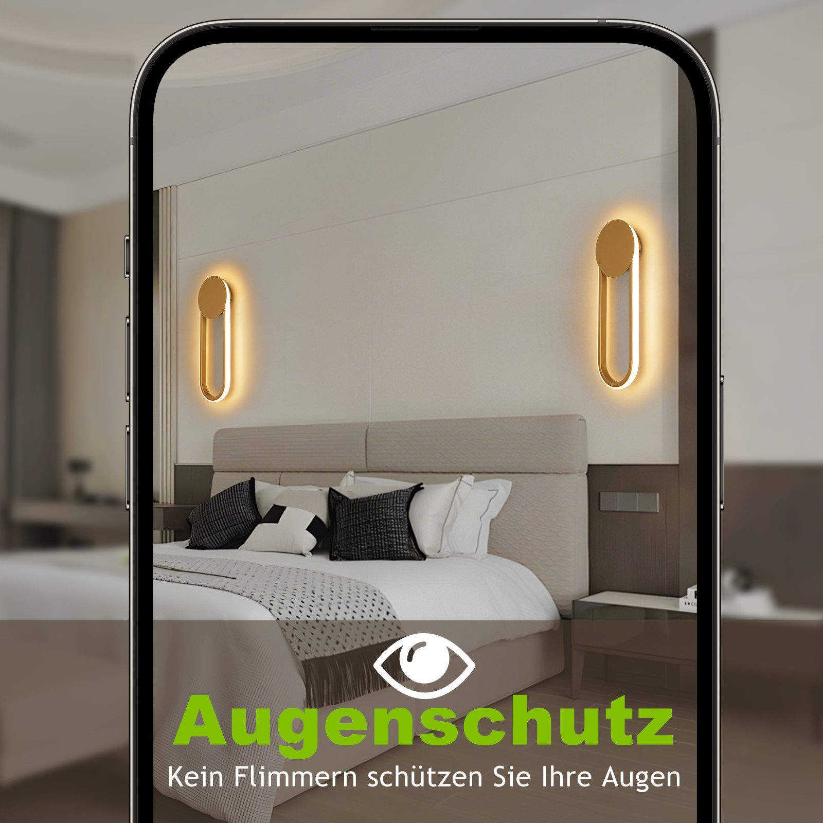 Schlafzimmer, gerahmt von einem Telefon. Zwei goldene Wandlampen flankieren das Bett. Text: 'Augenschutz'.