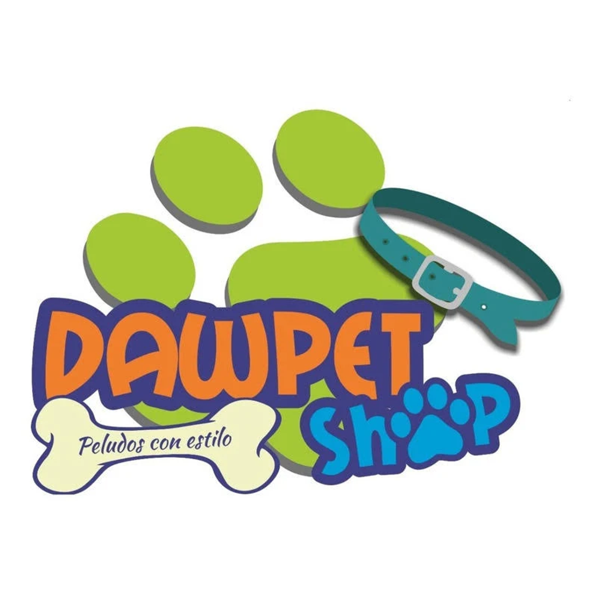 Logo sklepu zoologicznego, DAWPET Shop. Zawiera kość dla psa, odciski łap i turkusową obrożę. Nazwa sklepu jest pomarańczowa i niebieska.