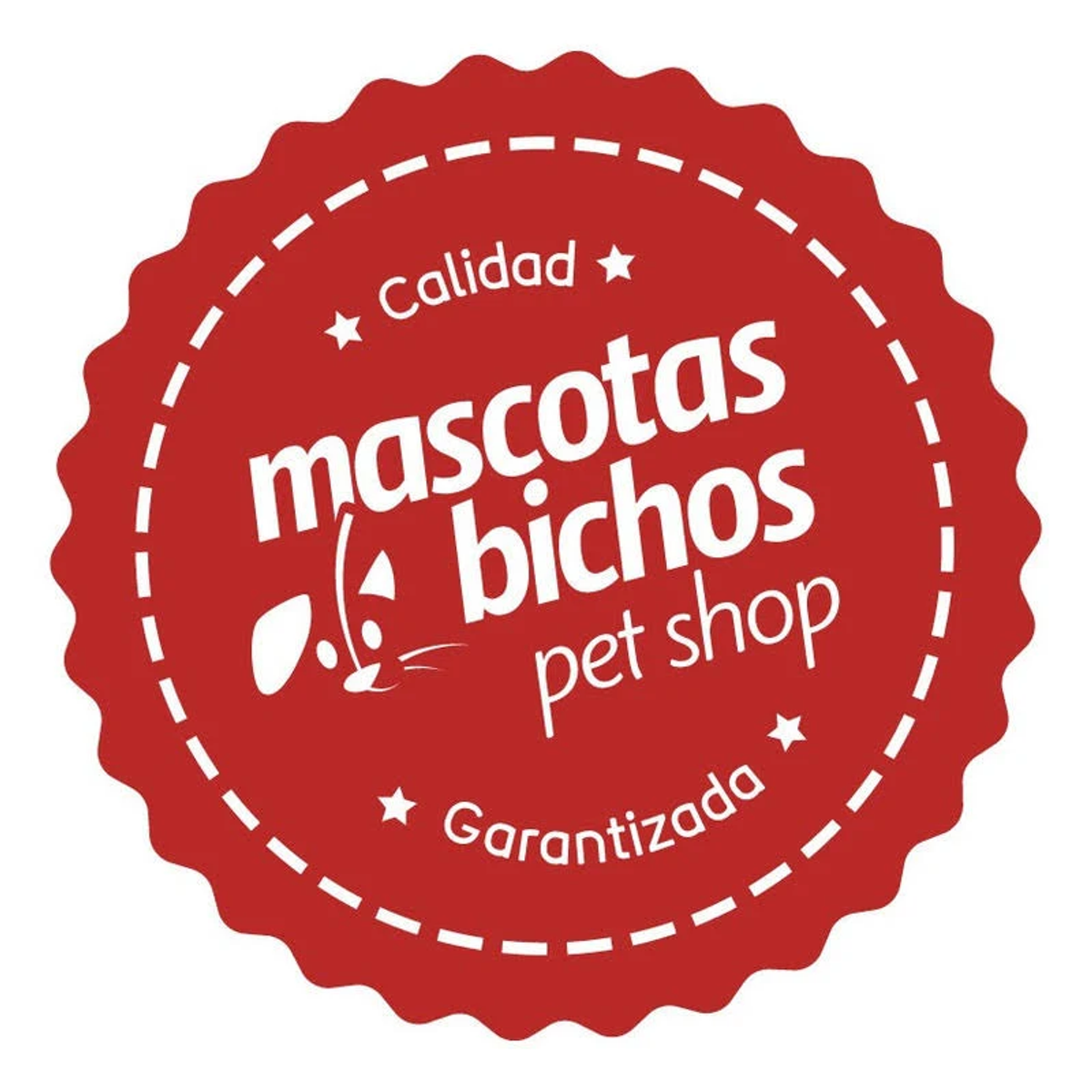 Czerwona odznaka z białym tekstem: mascotas bichos pet shop. Zawiera ilustrację kota. Słowa: Calidad i Garantizada.