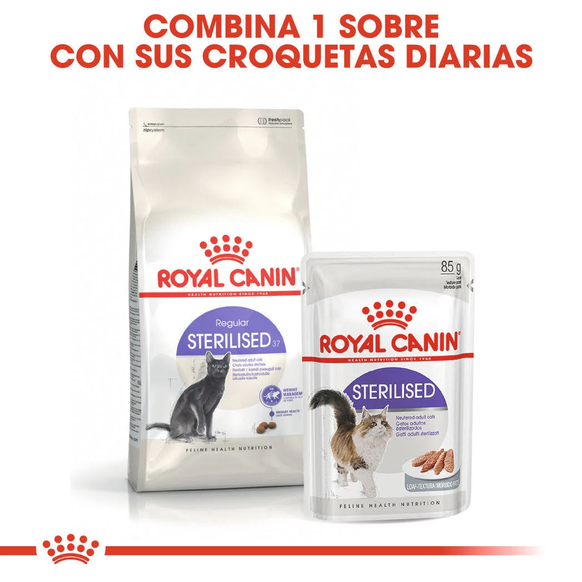 Dwa produkty karmy dla kotów Royal Canin. Jedna torba i jedno opakowanie. Oba są oznaczone jako 'Sterilised'. Tekst u góry brzmi: 'Połącz 1 saszetkę'.