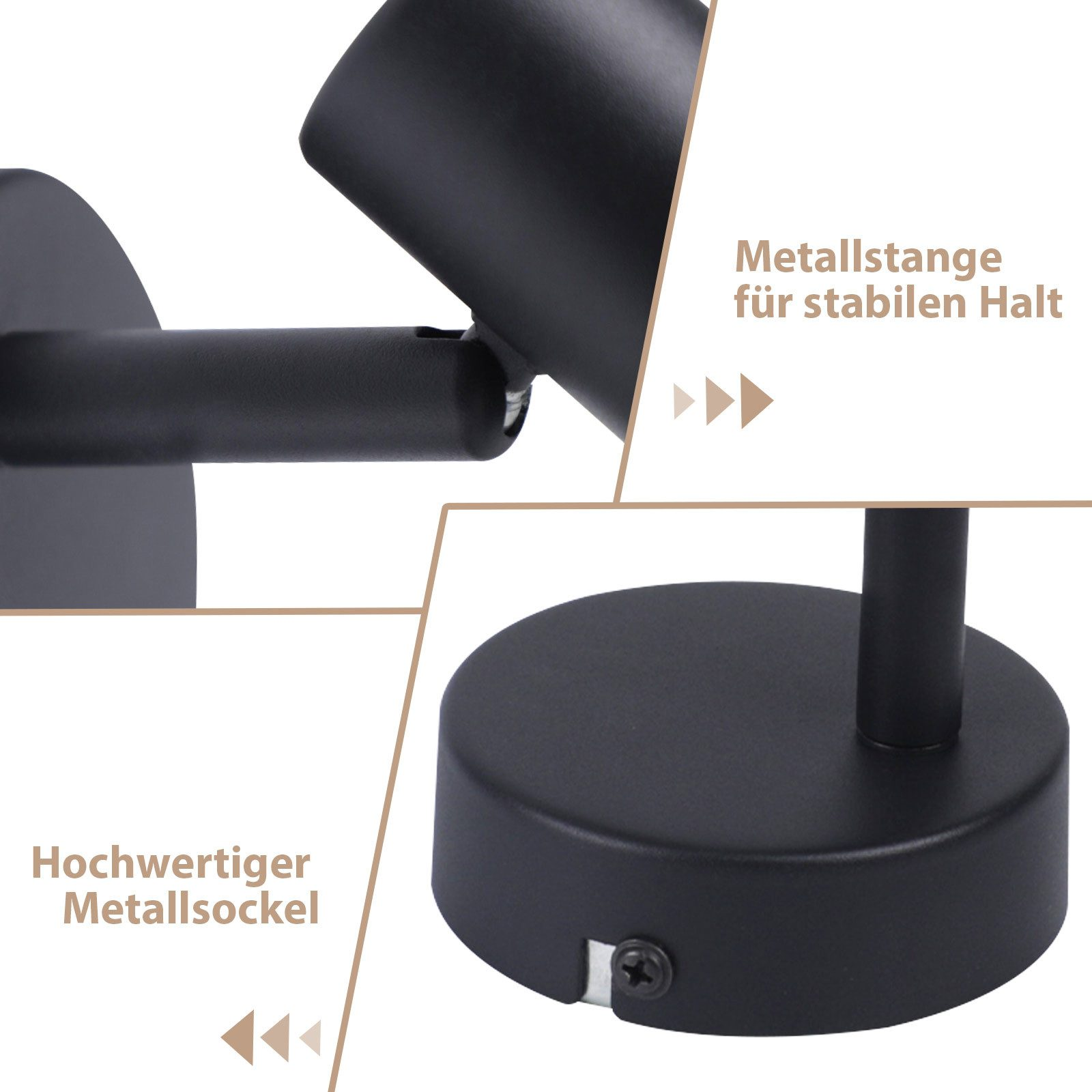 Primo piano di una lampada in metallo nero. Le parti includono una base cilindrica, un'asta e una testa luminosa angolata.