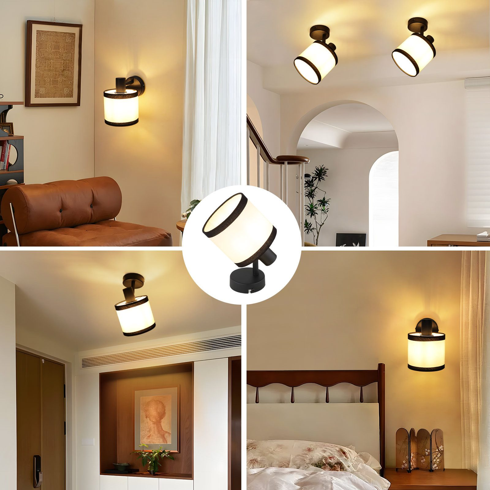 Un collage che mostra luci a soffitto e lampade da parete. Ogni luce ha un paralume bianco con una cornice scura.