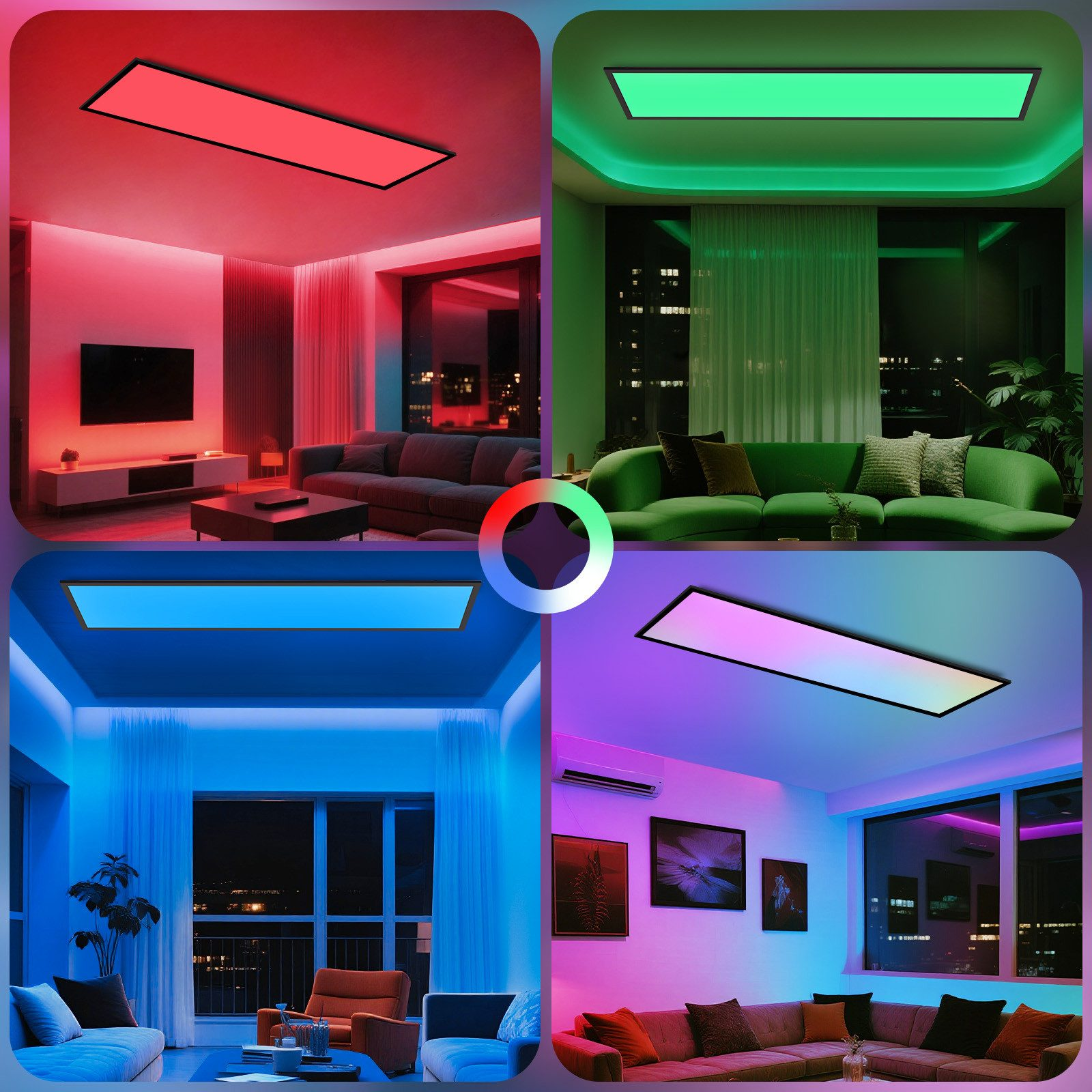 Immagine a quattro pannelli che mostra stanze illuminate con luci rosse, verdi, blu e multicolore. Ogni stanza ha una luce a soffitto.