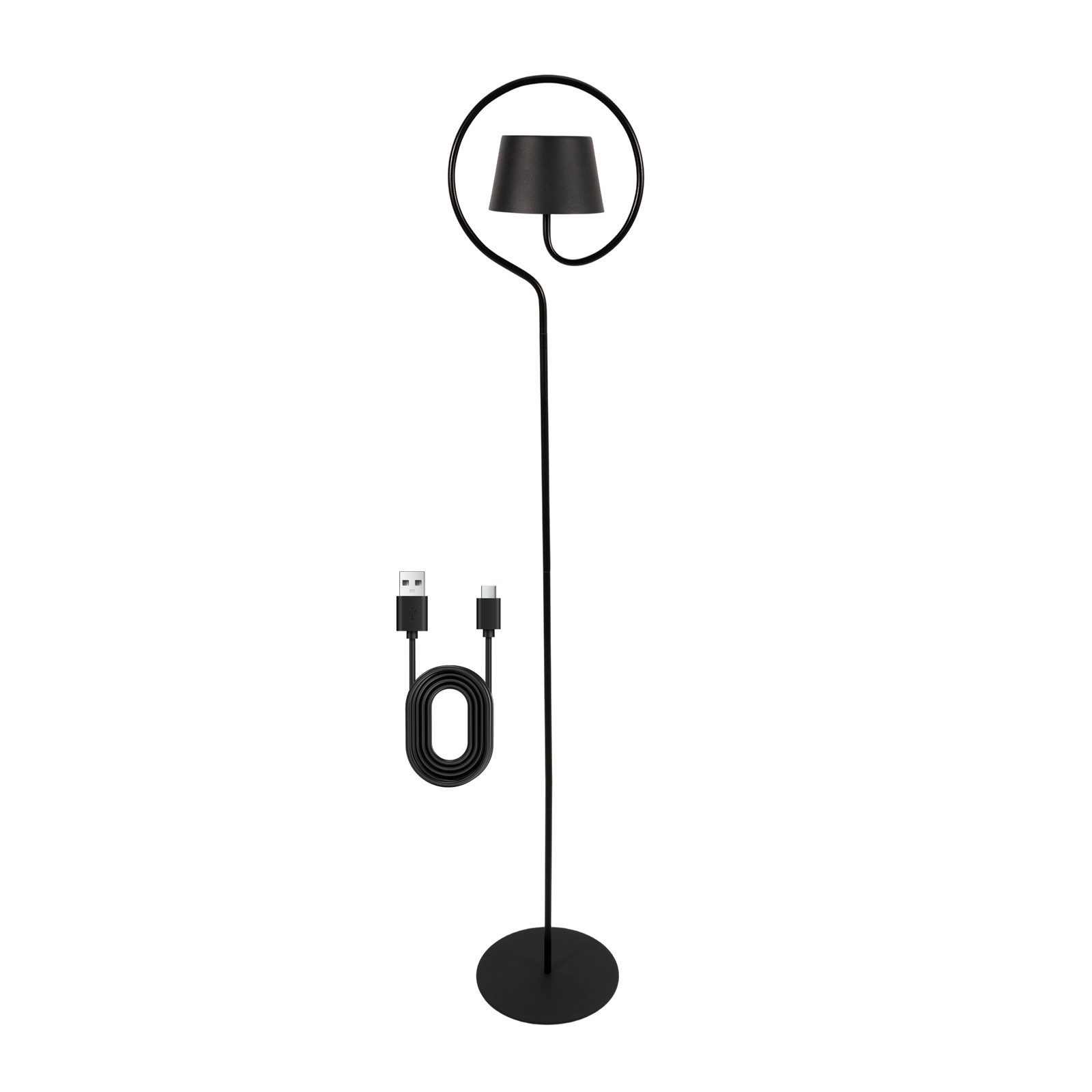 Una lampada da terra nera con paralume e base circolare. Un cavo di ricarica USB-C è sotto.
