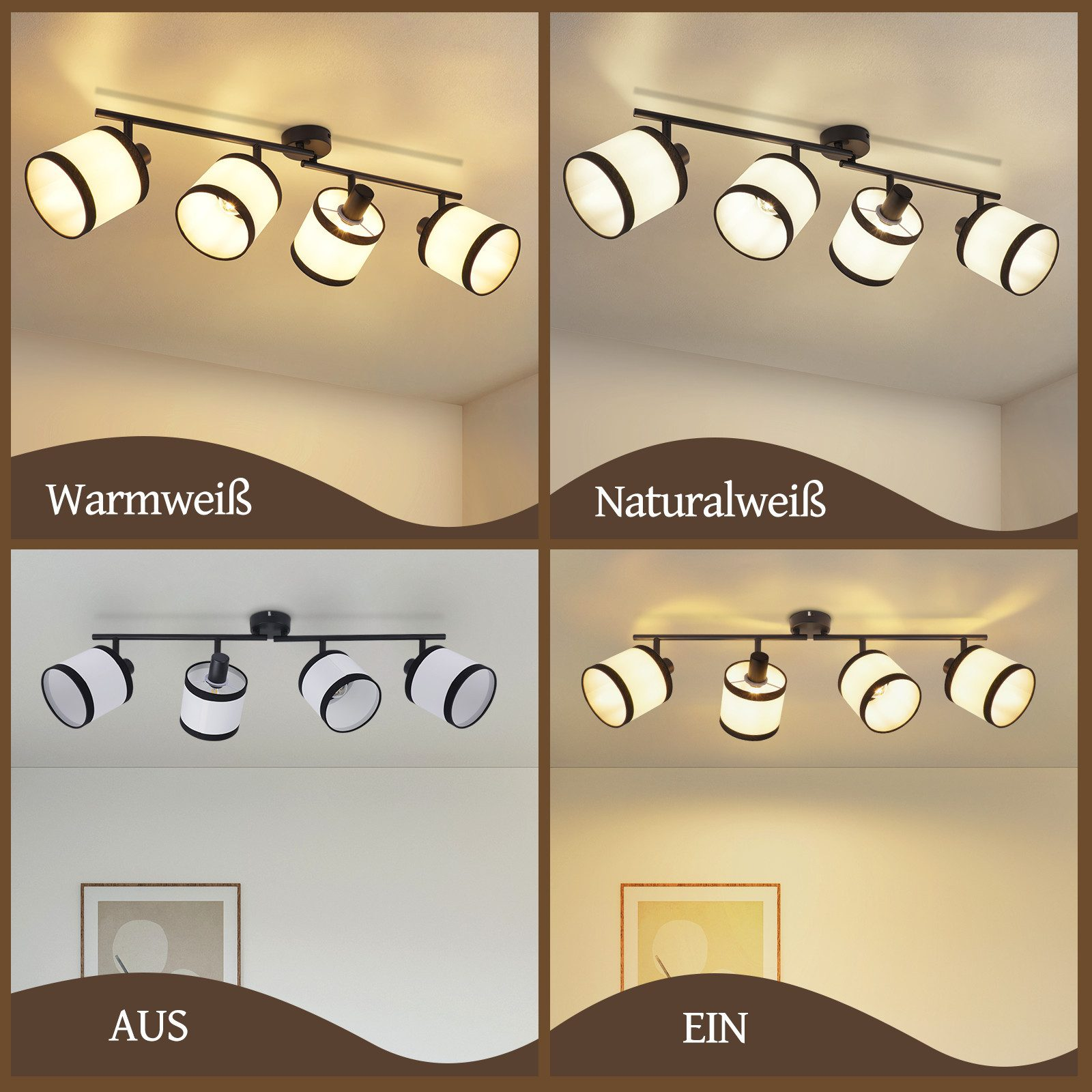 Lampada da soffitto a quattro faretti, metallo nero, con paralumi cilindrici bianchi e neri. 4 opzioni di illuminazione: calda, naturale, spenta, accesa.