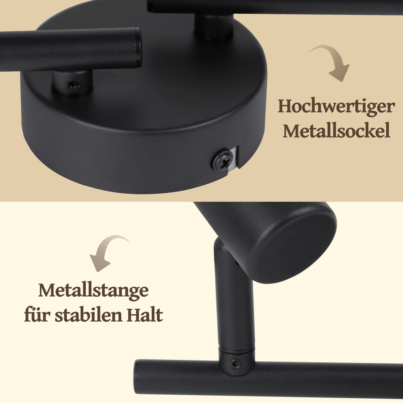 Primo piano di un apparecchio di illuminazione in metallo nero. Le parti includono una base rotonda, due aste e il testo "Hochwertiger Metallsockel".