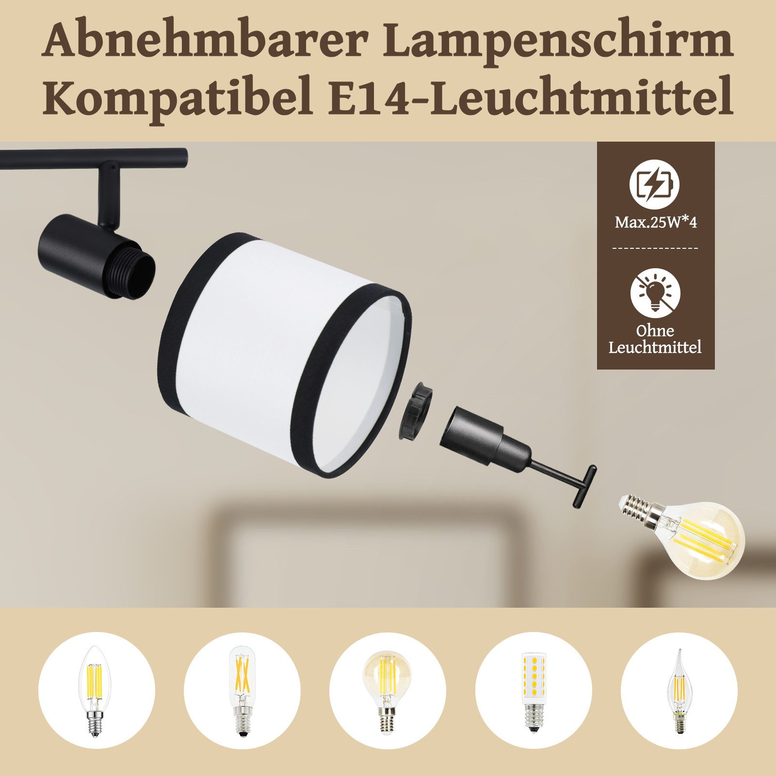 Una lampada smontata con paralume bianco, bordi neri e varie lampadine.