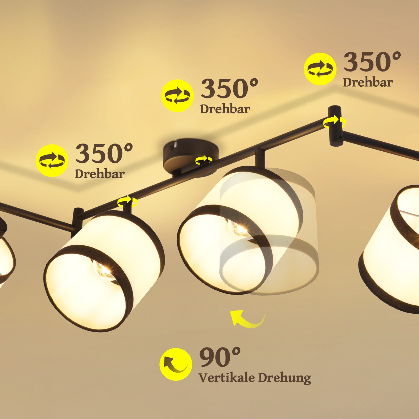 Moderne schwarze Deckenleuchte mit verstellbaren Strahlern. Etiketten zeigen 350° und 90° Drehfähigkeit.
