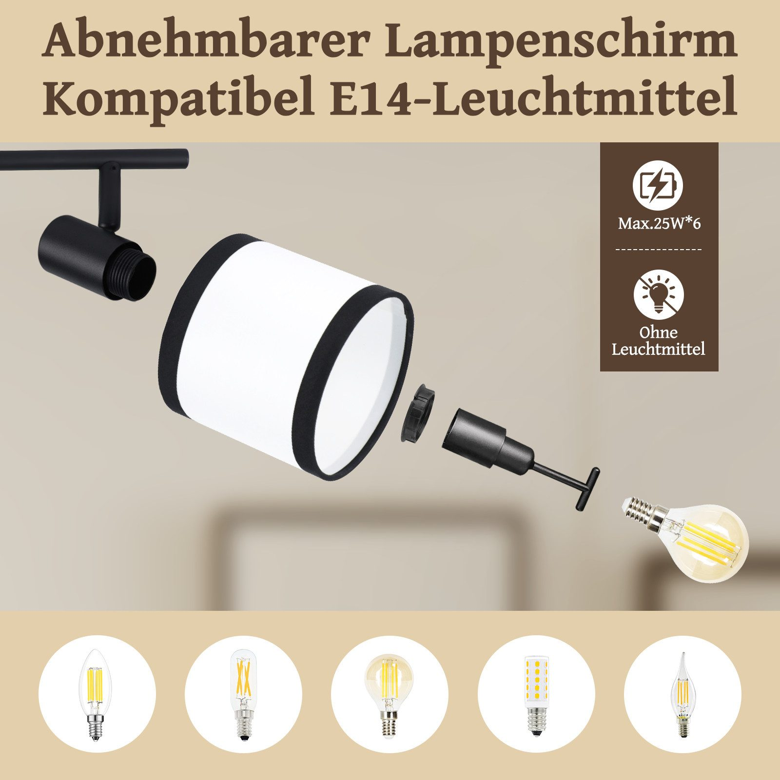 Eine zerlegte Lampe mit weißem Lampenschirm, schwarzer Zierleiste und Armaturen sowie verschiedenen Glühbirnen.
