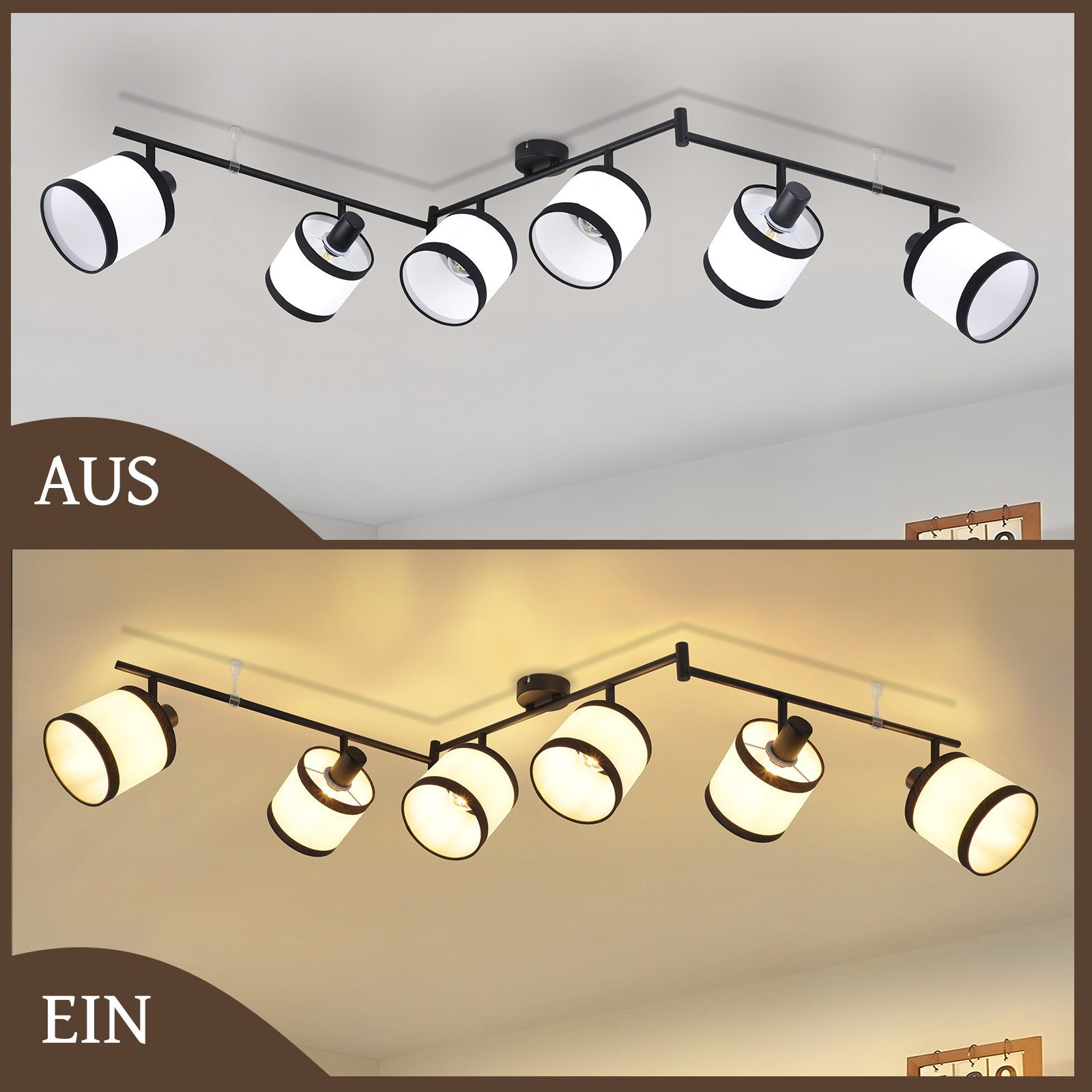 Eine Deckenleuchte mit sechs weißen und schwarzen Lampen. Oben sind sie ausgeschaltet, unten sind sie eingeschaltet. Der Hintergrund ist eine weiße Decke.