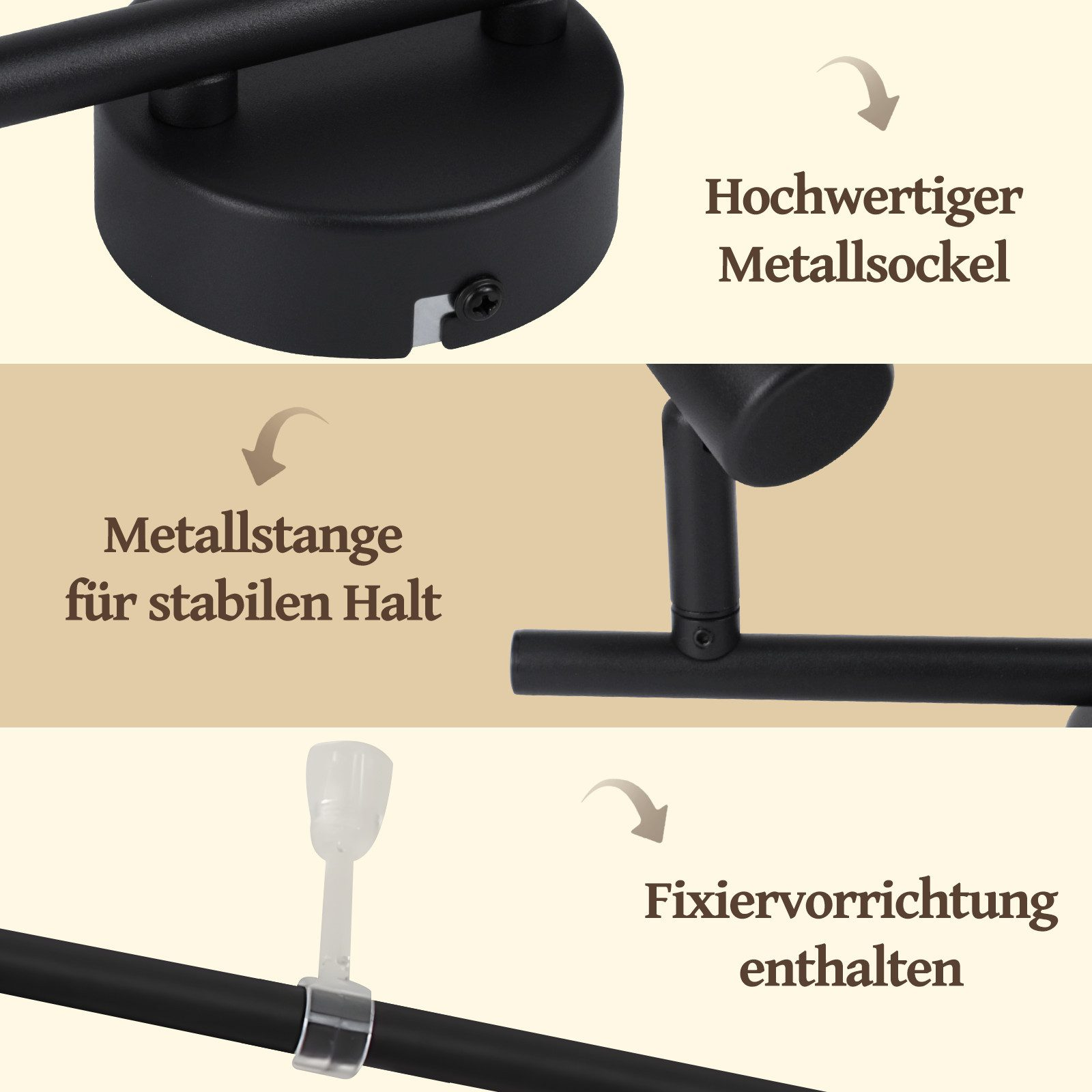 Nahaufnahme einer schwarzen Metalllampe mit deutschen Beschriftungen, die ihre Teile zeigt: Metallsockel, Metallstange und Befestigungsvorrichtung.