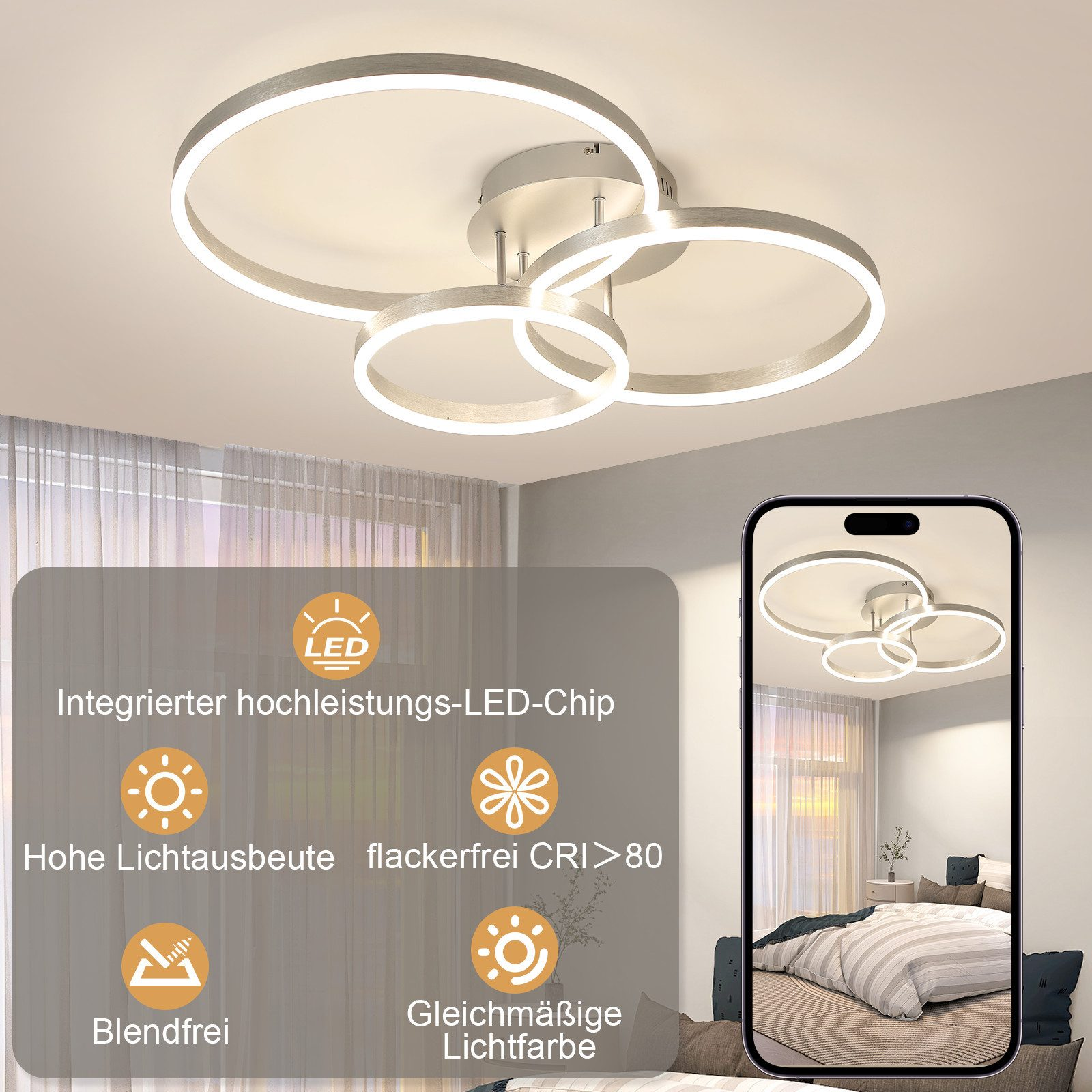 Una moderna plafoniera a LED con forme circolari. Un telefono mostra la luce in una camera da letto.