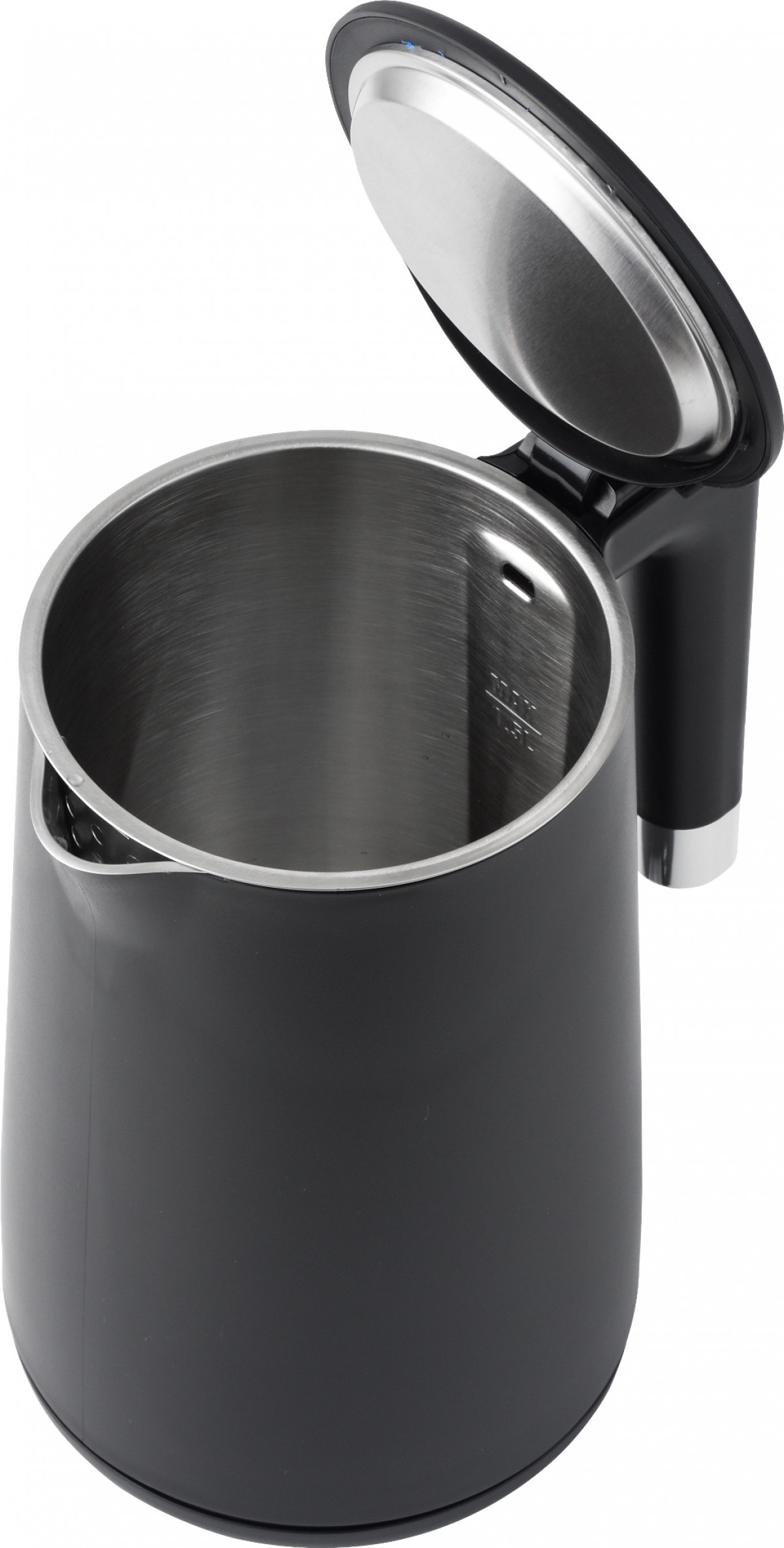 Un bollitore elettrico nero con coperchio aperto, che rivela un interno argentato. L'impugnatura è nera con dettagli argentati.