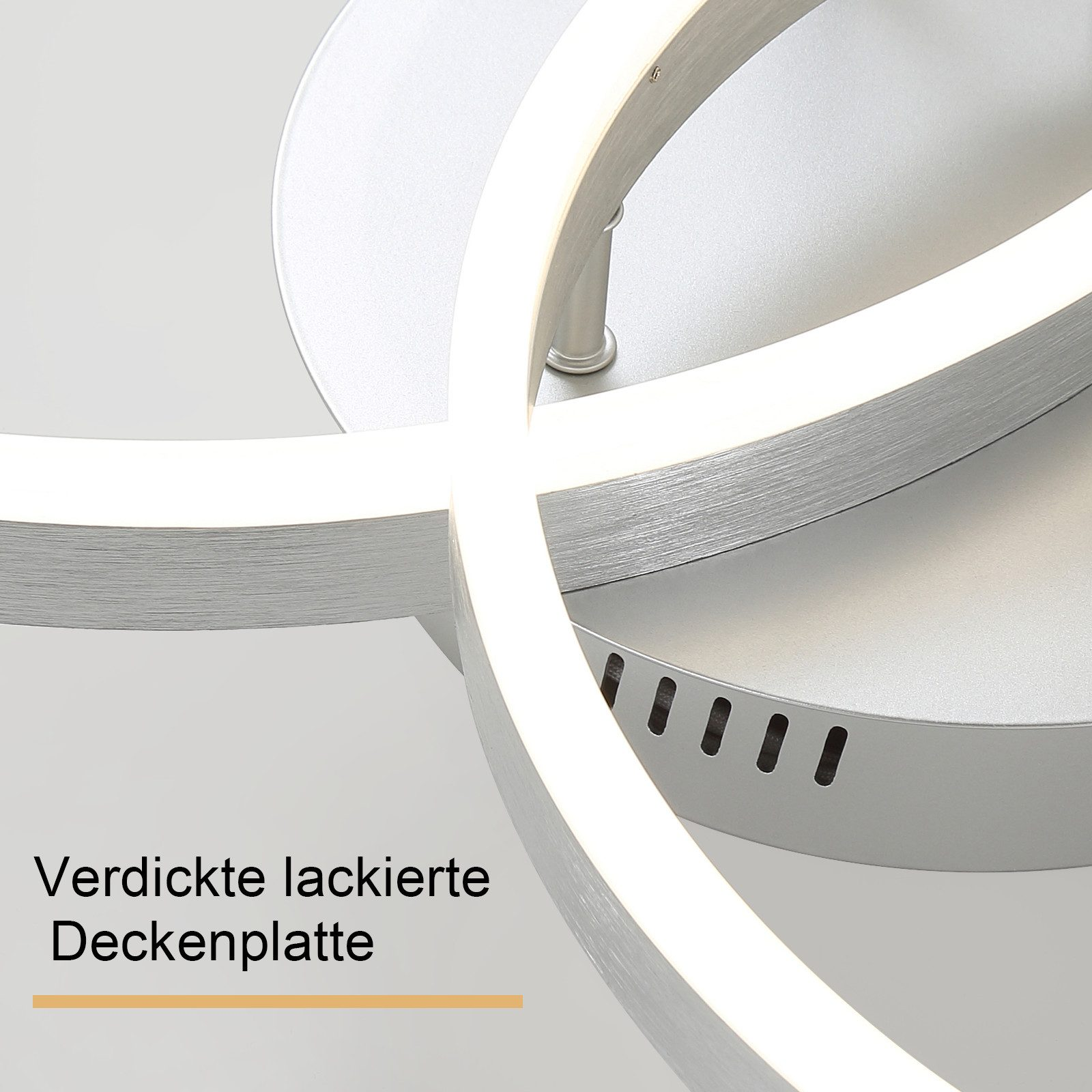 Primo piano di una moderna plafoniera. Ha un design circolare con finitura in metallo spazzolato e luci a LED integrate.