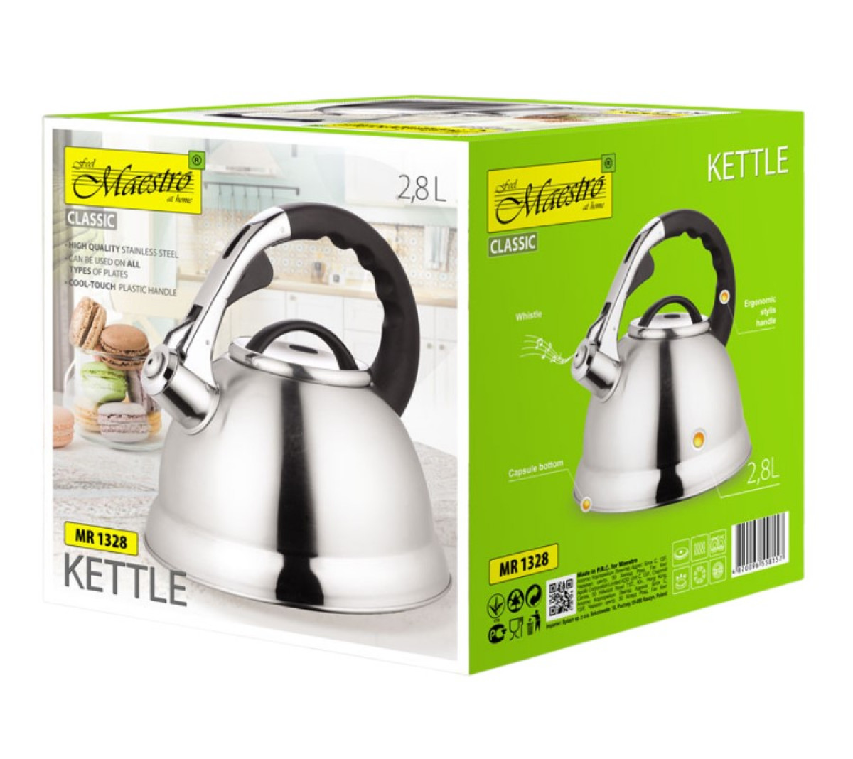 Un bollitore in acciaio inox in una scatola. La scatola mostra il bollitore con un manico nero. Ha il marchio Maestro e la scritta 'Kettle'.
