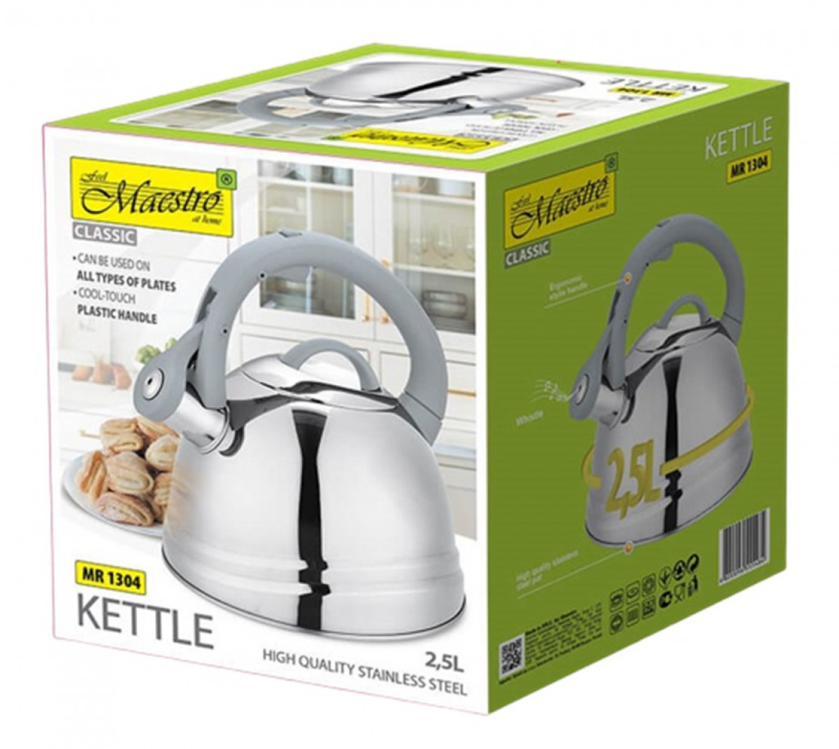 Pudełko ze srebrnym czajnikiem z szarym uchwytem. Na pudełku napis 'Maestro' i 'Kettle'. Ma pojemność 2,5 l.