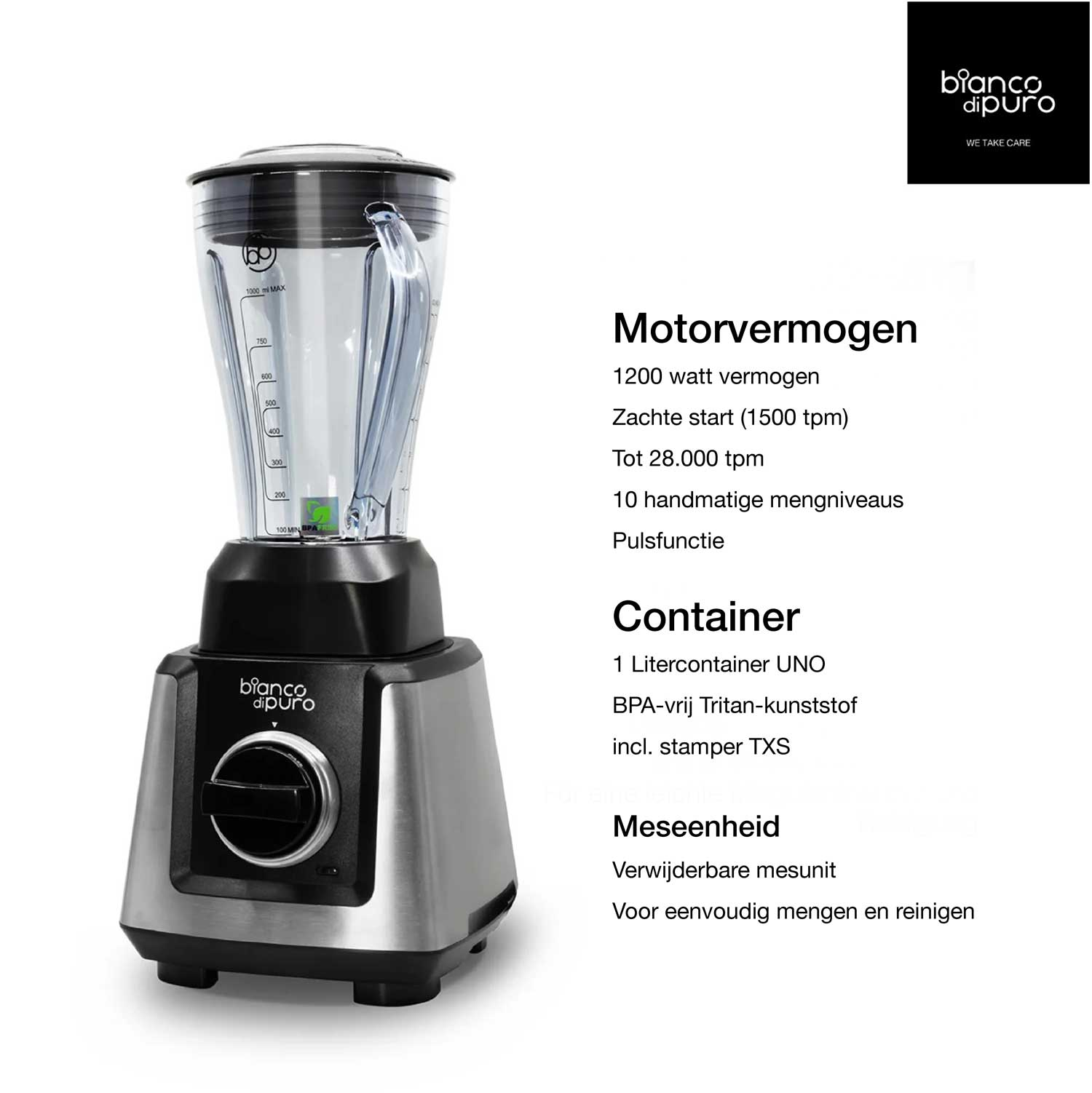 Een blender met een transparante container en een zilveren basis. Tekst rechts beschrijft motorvermogen en containerkenmerken.