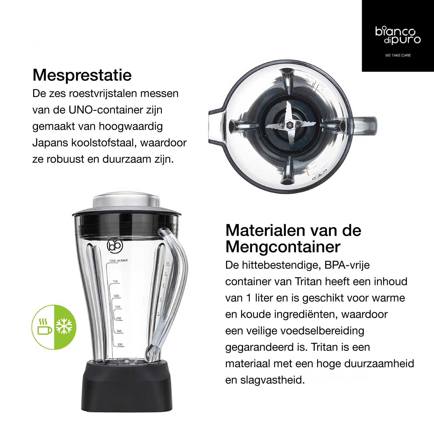 Een blender met een transparante container, een zwarte basis en een bovenkant met een handvat. Tekst over de blender links.