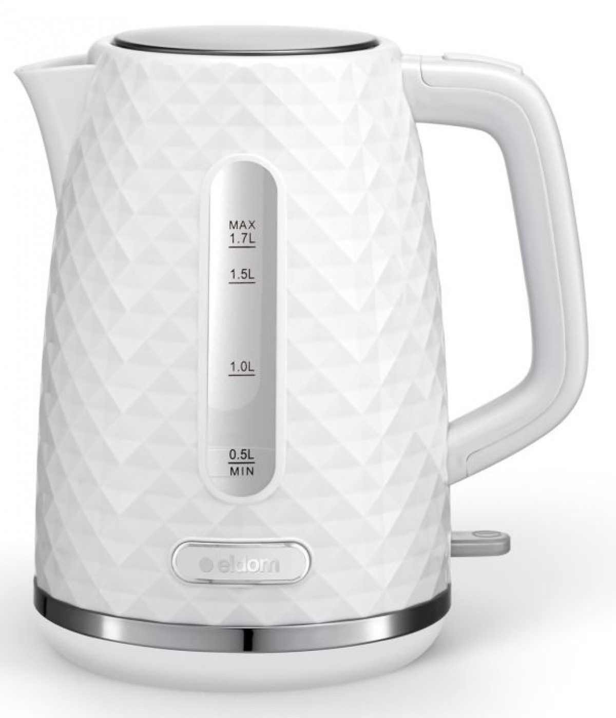 Biały czajnik elektryczny z diamentowym wzorem. Ma uchwyt, wskaźnik poziomu wody i srebrną podstawę.