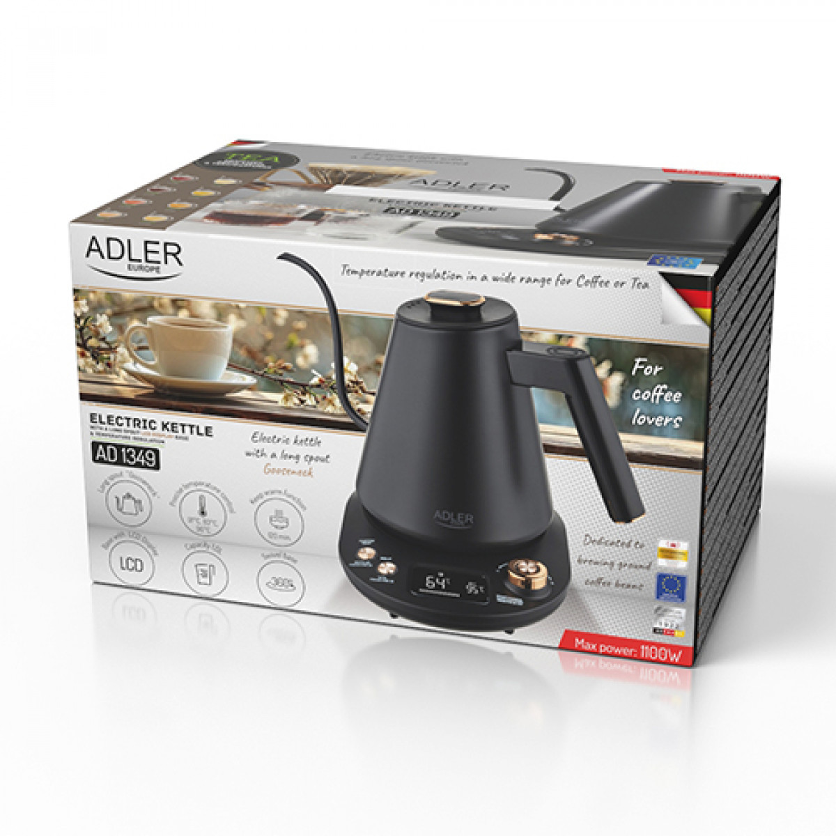 Czarny czajnik elektryczny na pudełku, z długim dziobkiem i panelem sterowania.