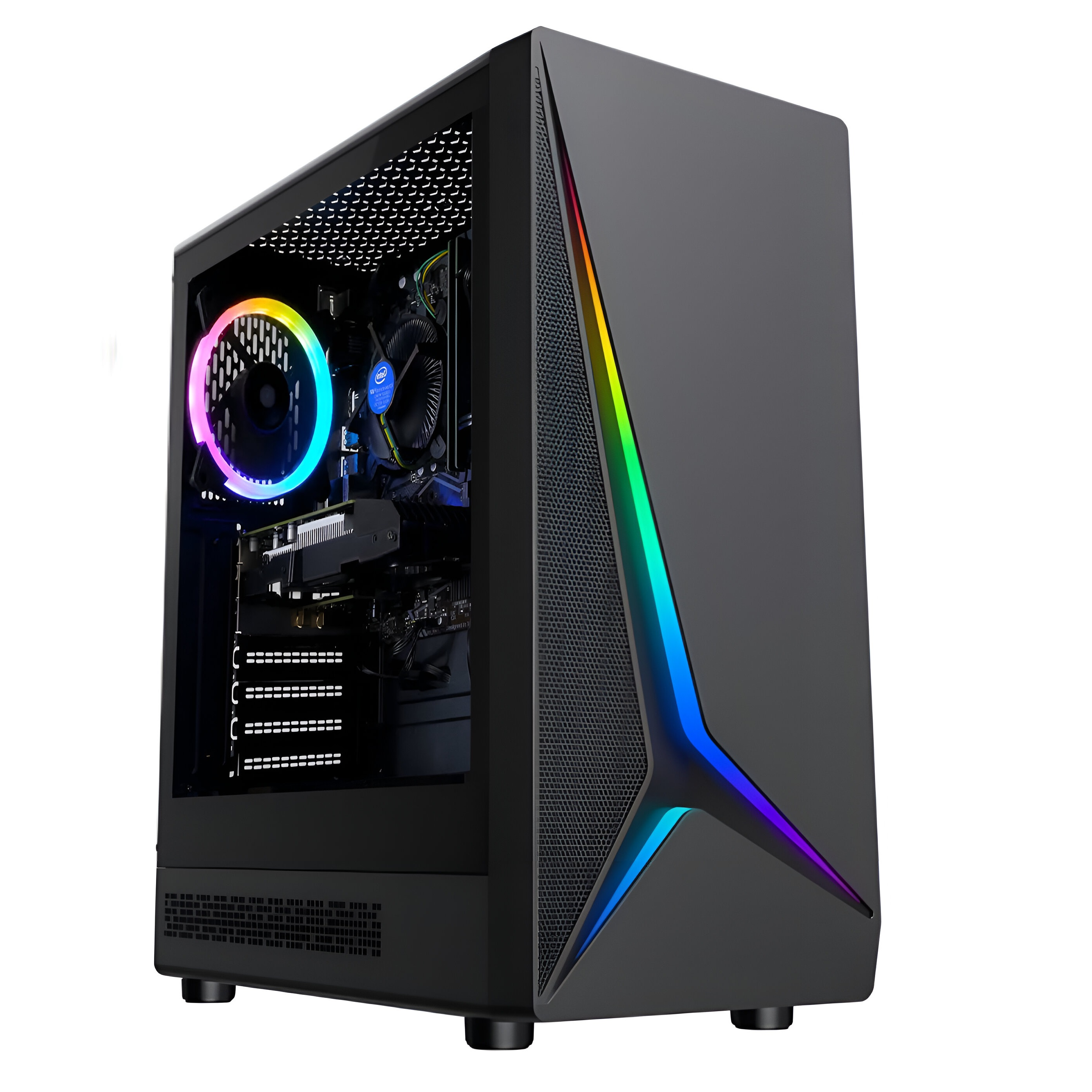 Una caja de ordenador negra con iluminación RGB en la parte delantera y en el interior. La caja está sobre un fondo blanco.