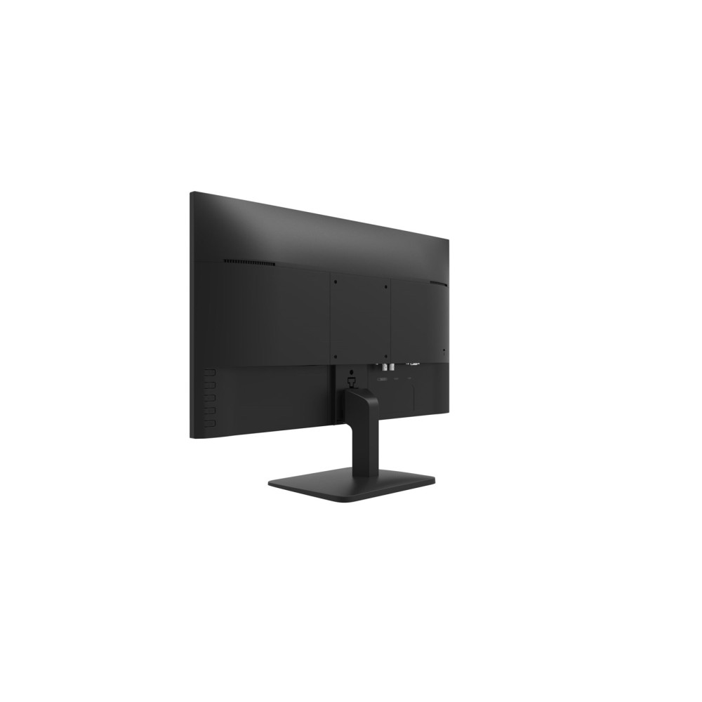 Un monitor nero su sfondo bianco. Il retro del monitor è visibile, con porte e supporto.