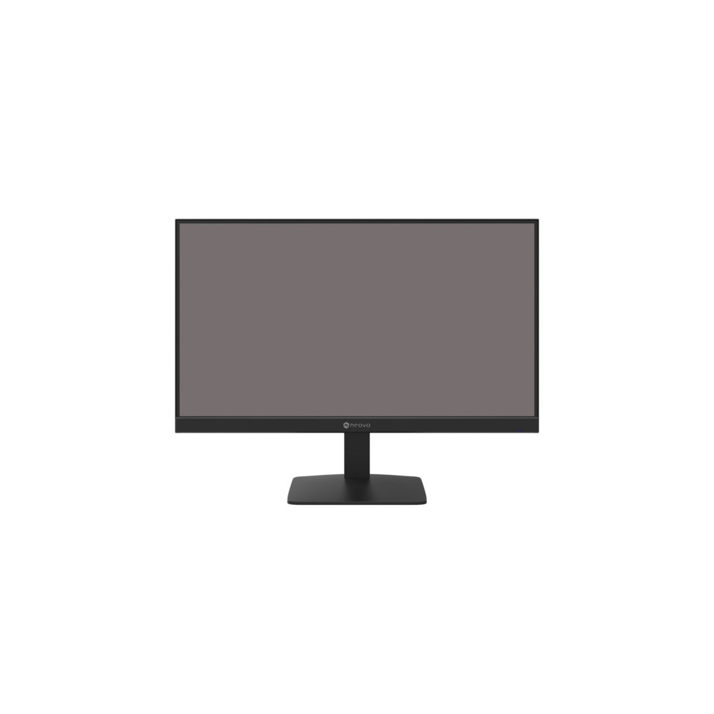 Un monitor di computer nero con schermo grigio scuro. Il monitor è su un supporto nero su sfondo bianco.