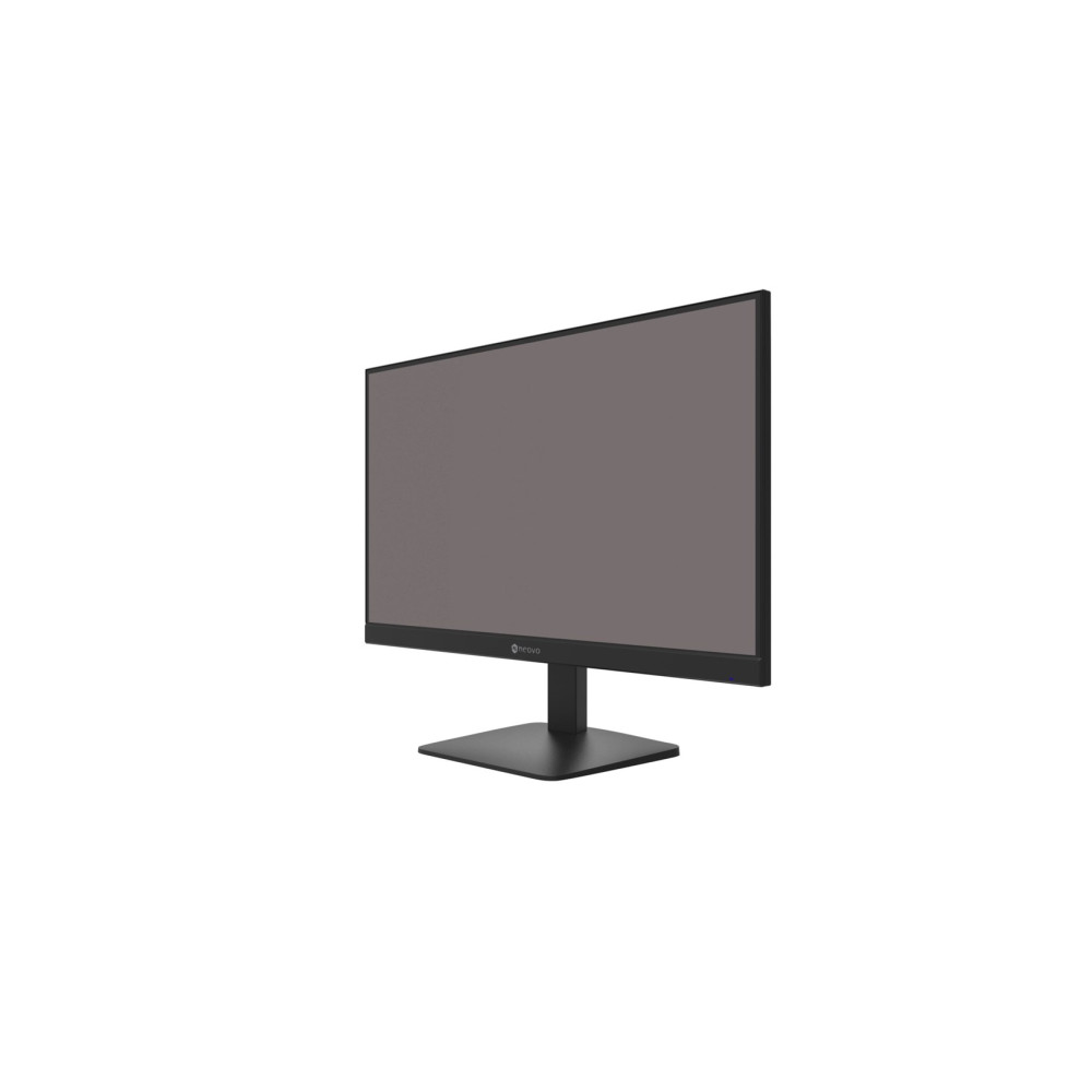Un monitor per computer con schermo scuro su sfondo bianco. Il monitor è nero e ha una base quadrata.