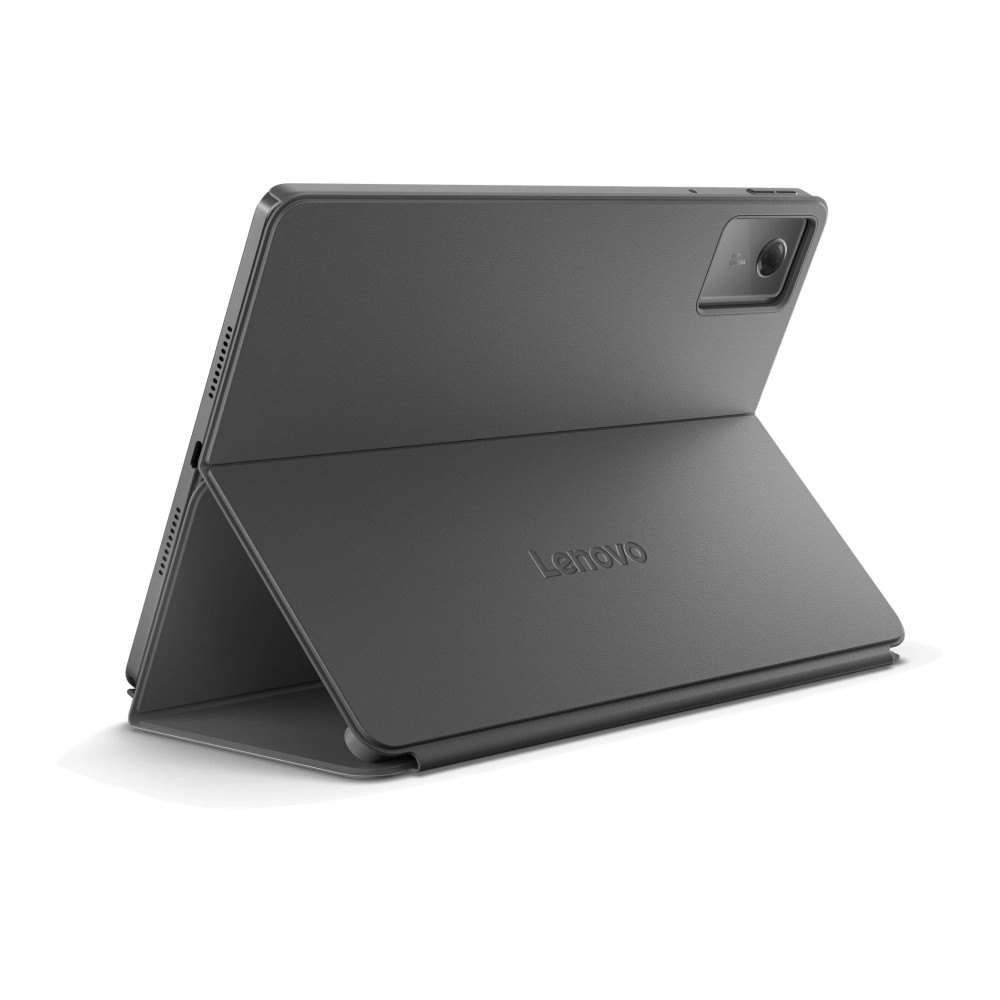 Szary tablet Lenovo w ciemnoszarej obudowie, otwarty, aby pokazać ekran. Logo Lenovo jest widoczne na obudowie.
