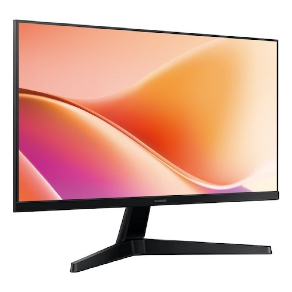 Un monitor Samsung mostra un'immagine astratta di colori che scorrono: arancione, rosa e bianco. Ha una cornice e un supporto neri.