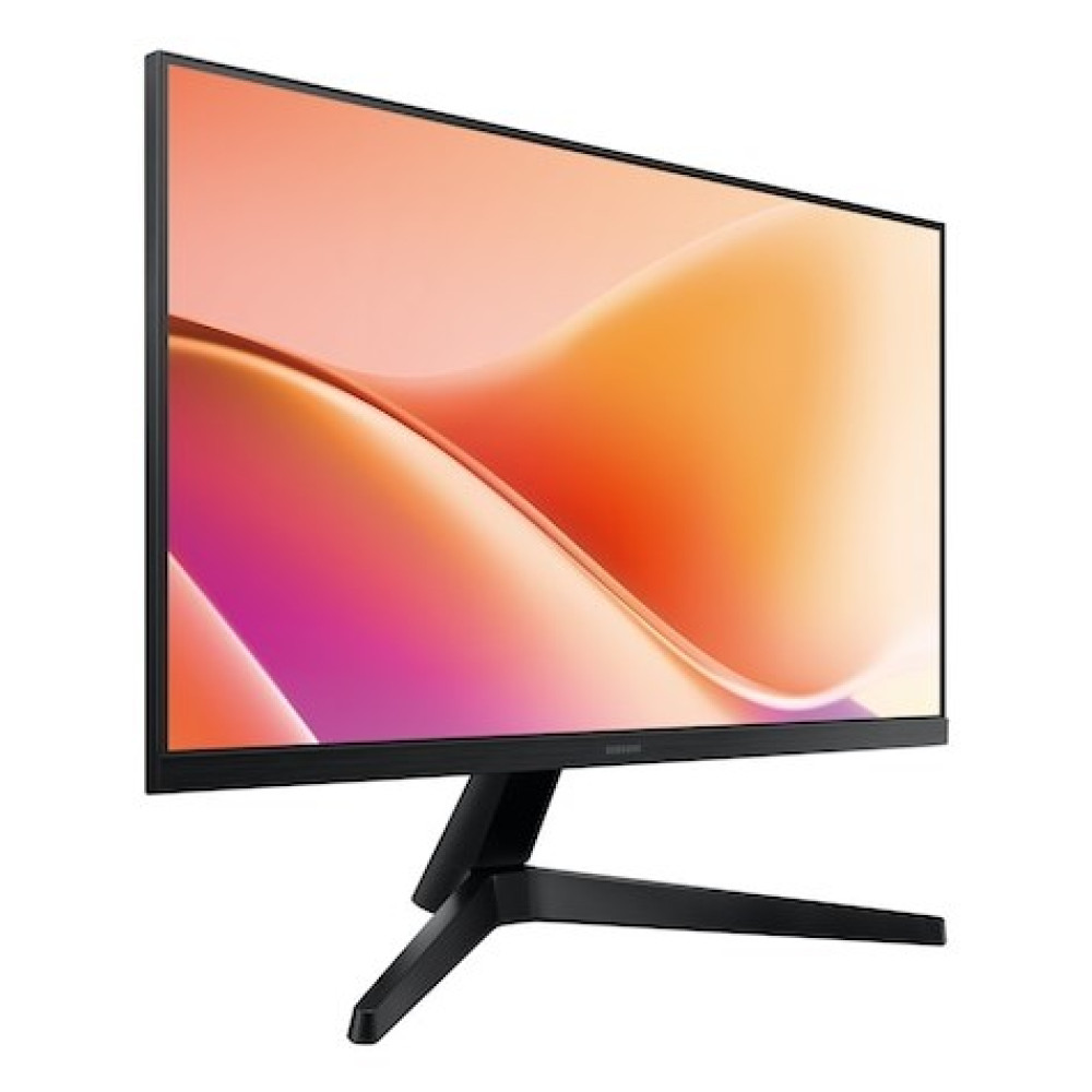 Un monitor di computer nero visualizza una grafica astratta colorata. Il monitor è leggermente angolato e ha un supporto nero.