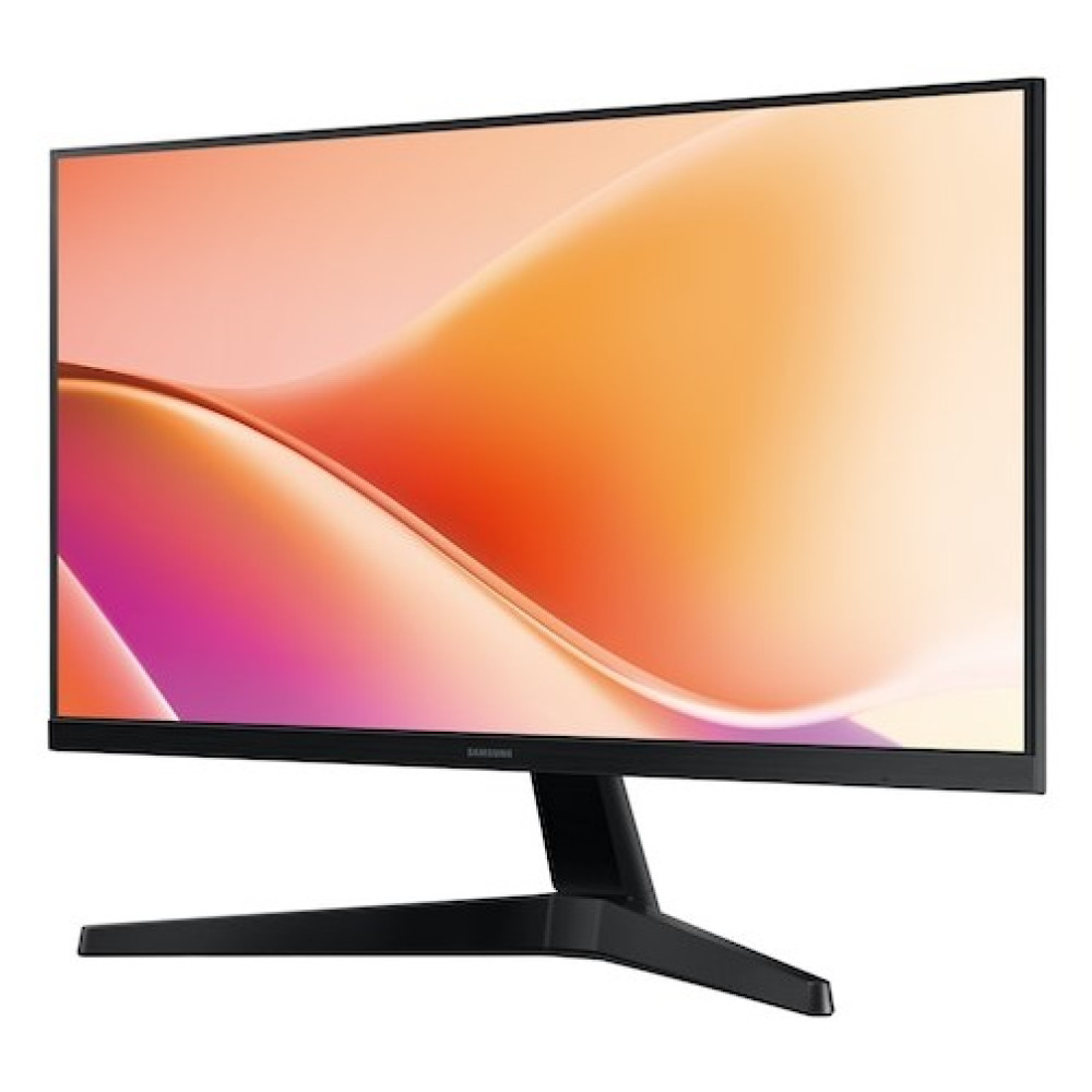 Un monitor Samsung angolato. Lo schermo mostra un design astratto e colorato di forme fluide arancioni e rosa. Il supporto è nero.