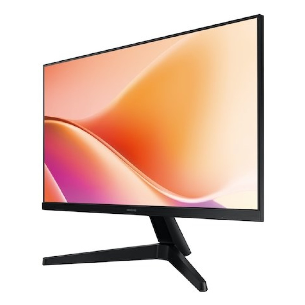 Un monitor per computer Samsung con cornice e supporto neri, che mostra un design astratto arancione e viola.