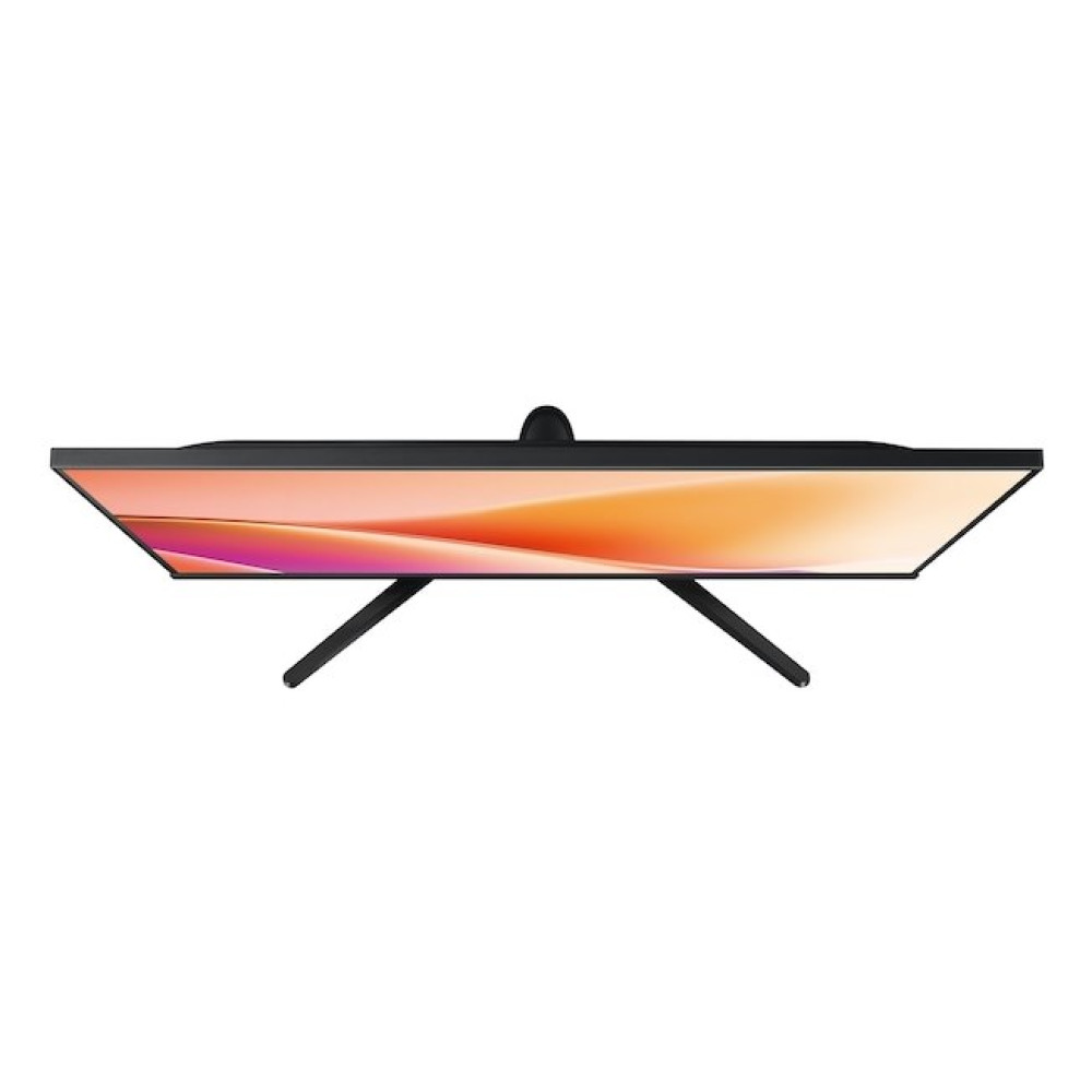 Vista dall'alto di un monitor di computer nero con display colorato, supportato da gambe nere su sfondo bianco.