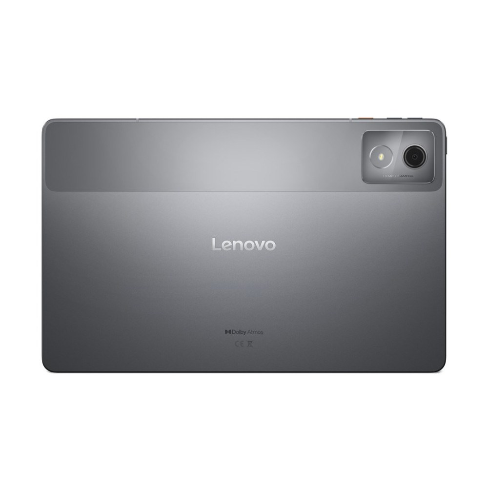 Widok z tyłu szarego tabletu Lenovo. Posiada aparat z dwoma obiektywami, logo Lenovo, Dolby Atmos i oznaczenie CE.