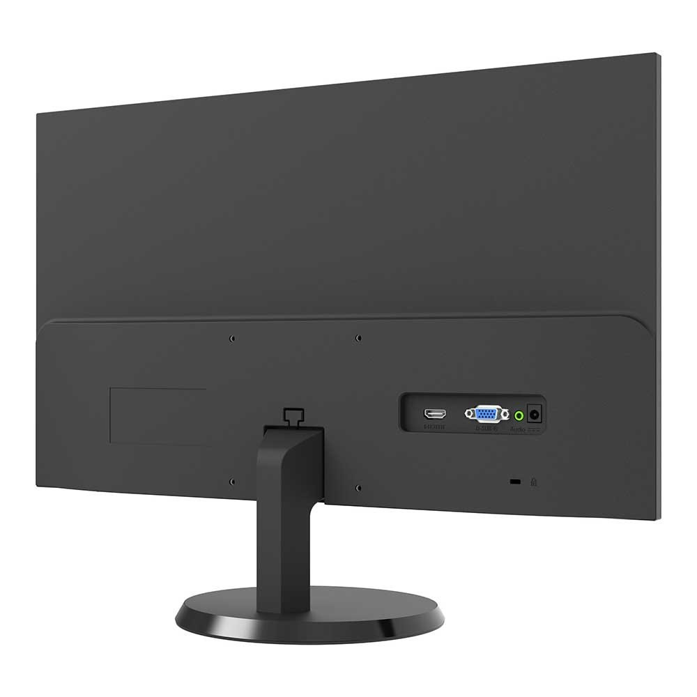 Tył czarnego monitora komputerowego. Porty: HDMI, D-SUB, audio. Podstawa czarna, okrągła. Ekran jest wyłączony.