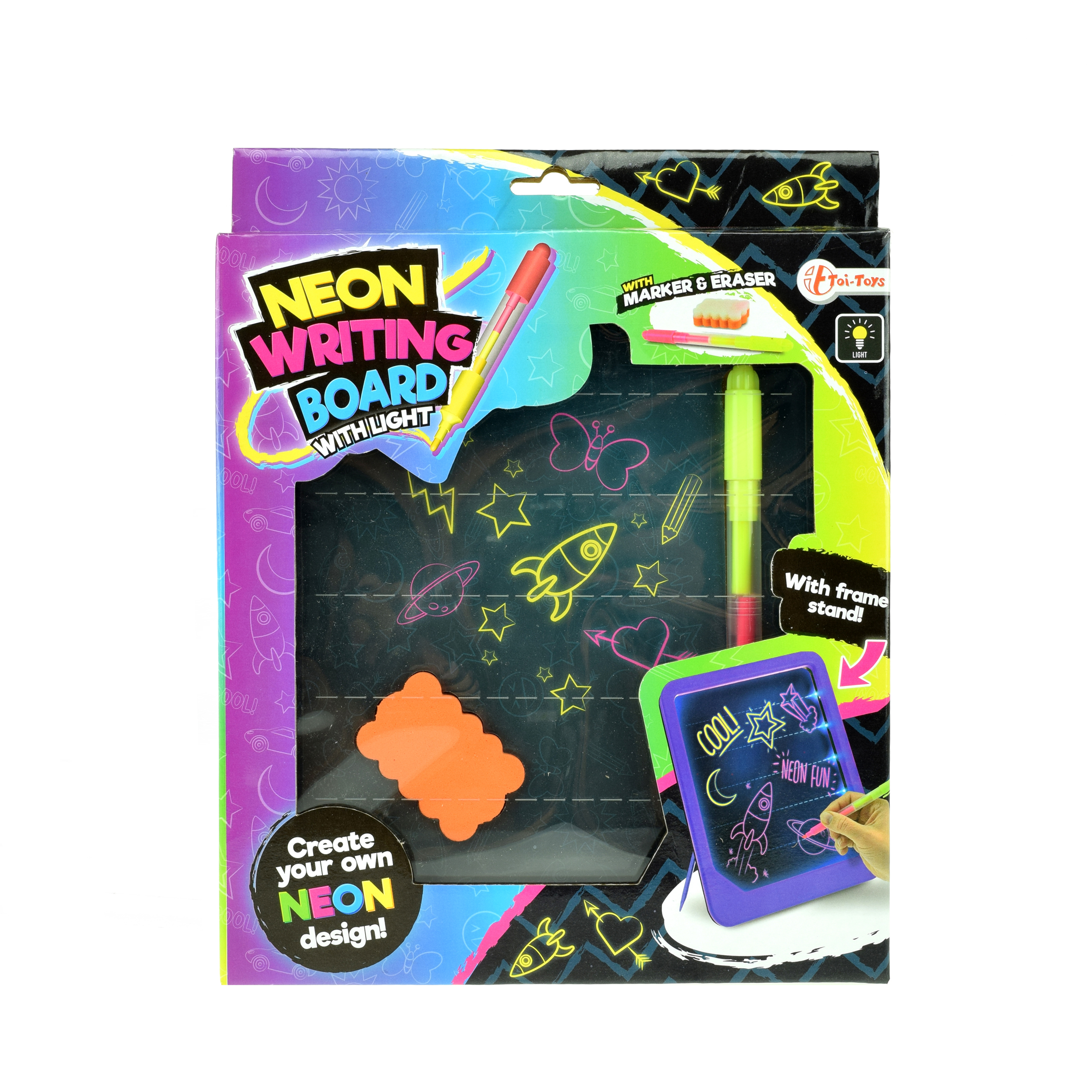 Eine Neon-Schreibtafel mit Marker und Radiergummi ist verpackt. Die Schachtel zeigt ein Neon-Design, Sterne und eine Rakete.