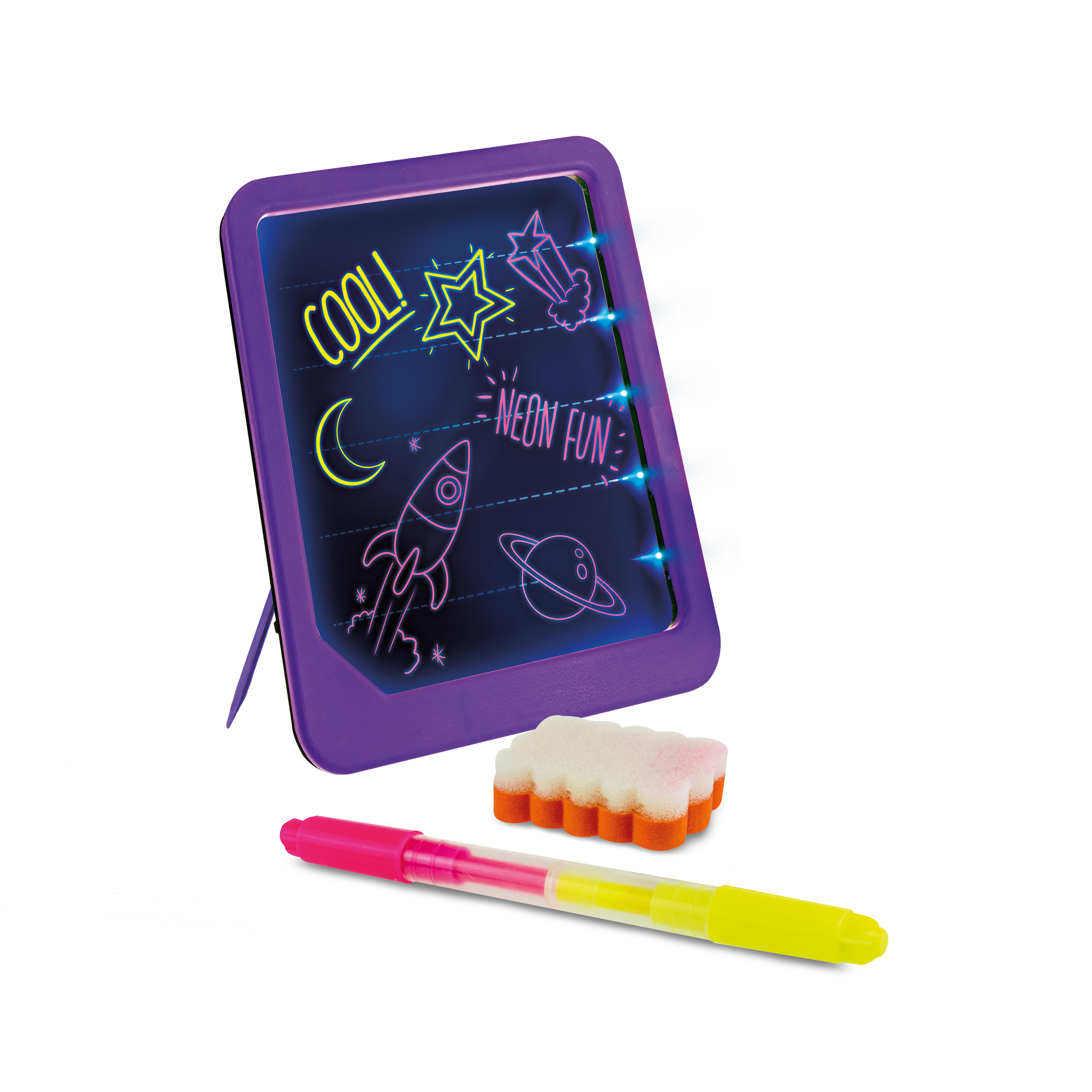 Lila Neon-Zeichenbrett mit Rakete, Stern und Planet. Ein rosa/gelber Marker und ein Schwamm sind ebenfalls vorhanden.