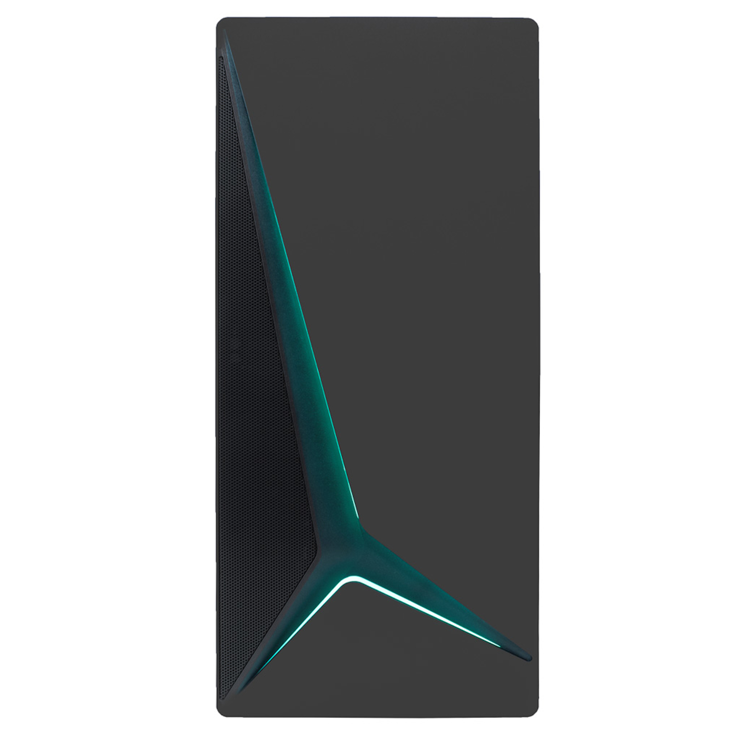 Una caja de computadora oscura con un diseño geométrico. Tiene un acento triangular turquesa iluminado en el frente.
