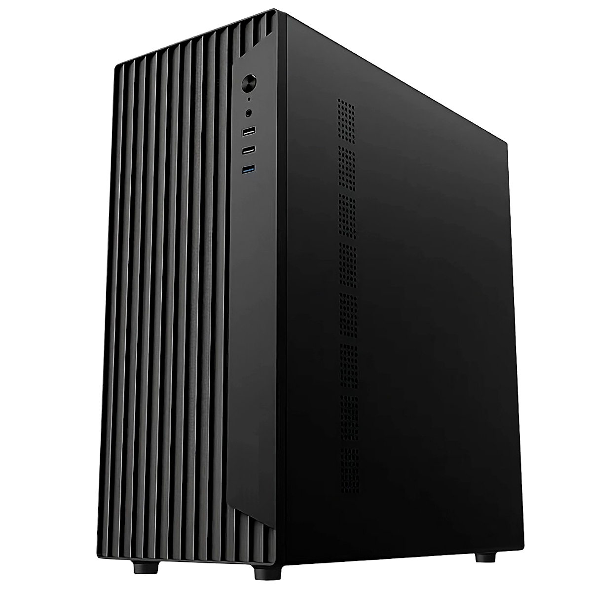 Una caja de computadora negra. Tiene líneas verticales en la parte delantera y orificios de ventilación en el lateral.