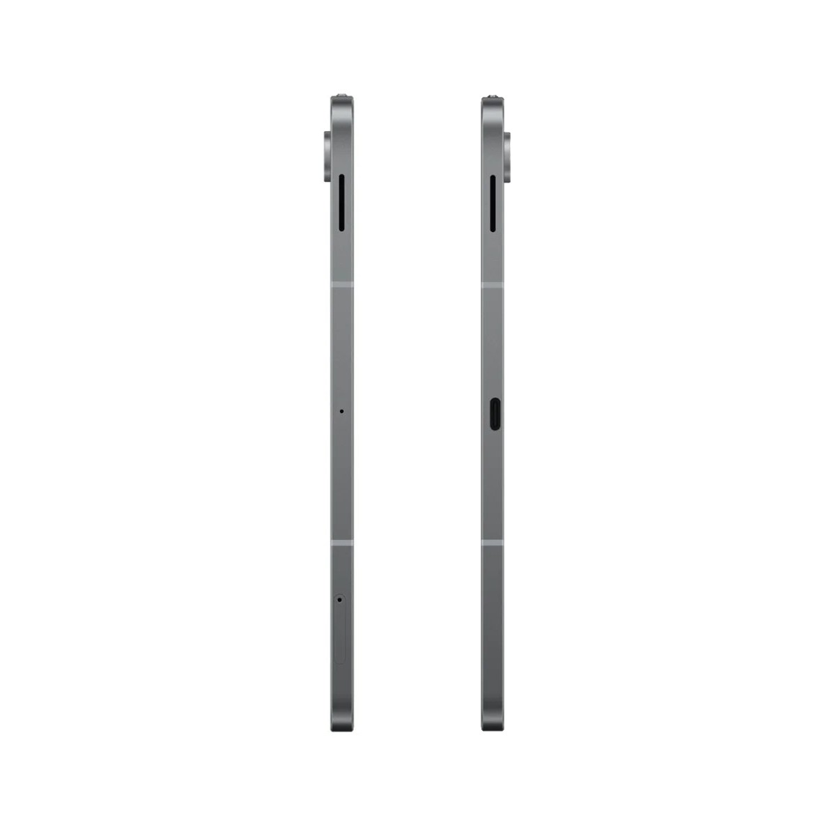 Dwa szare tablety ułożone pionowo na białym tle. Każdy ma widoczny profil boczny, pokazujący przyciski i porty.